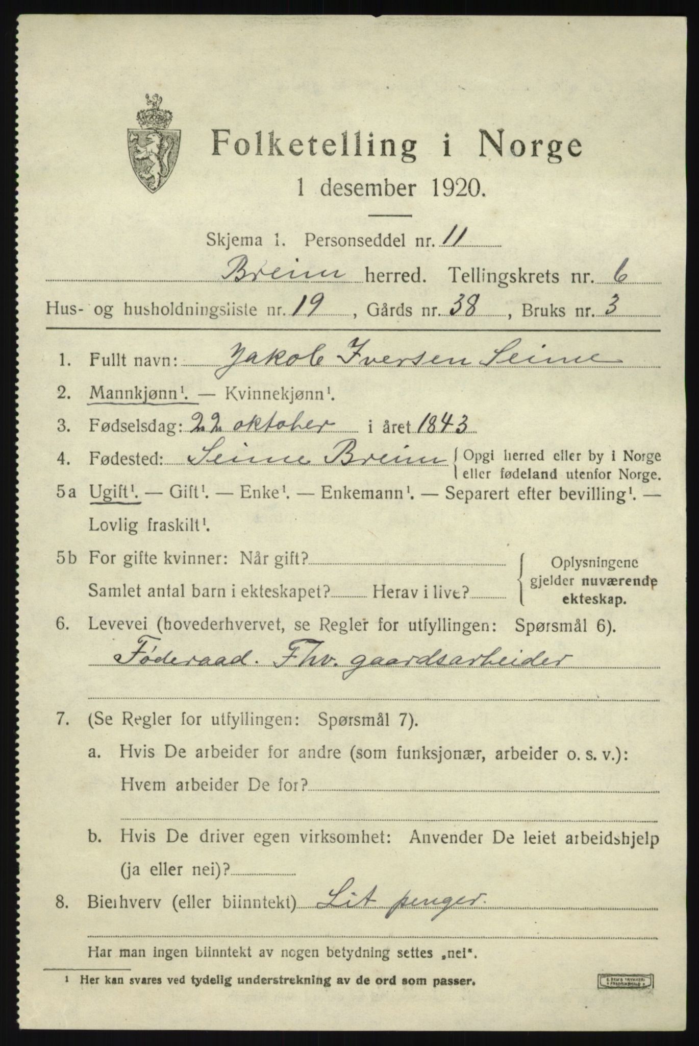 SAB, 1920 census for Breim, 1920, p. 3765