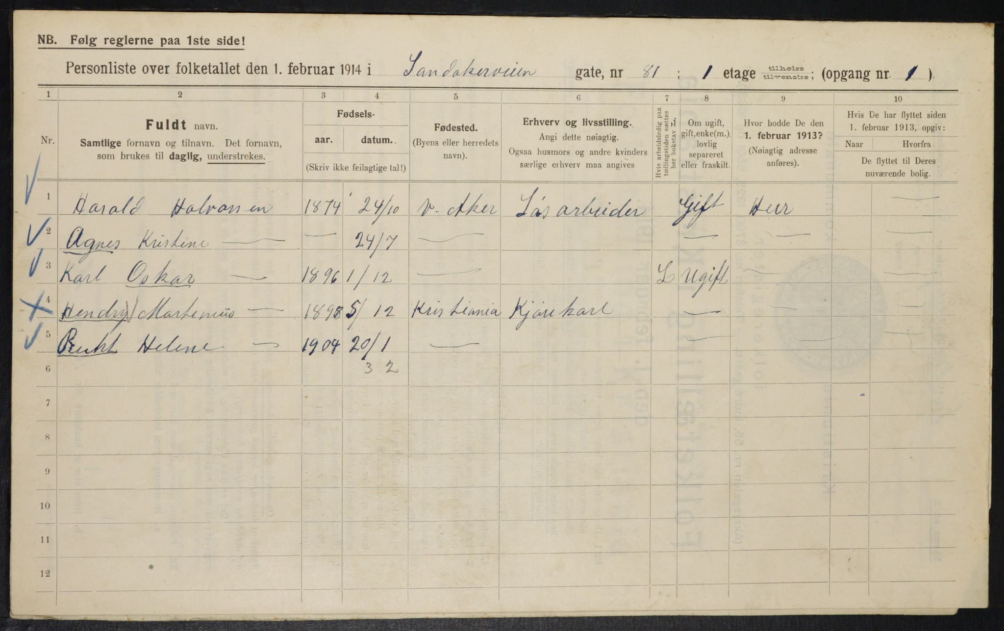 OBA, Municipal Census 1914 for Kristiania, 1914, p. 87234