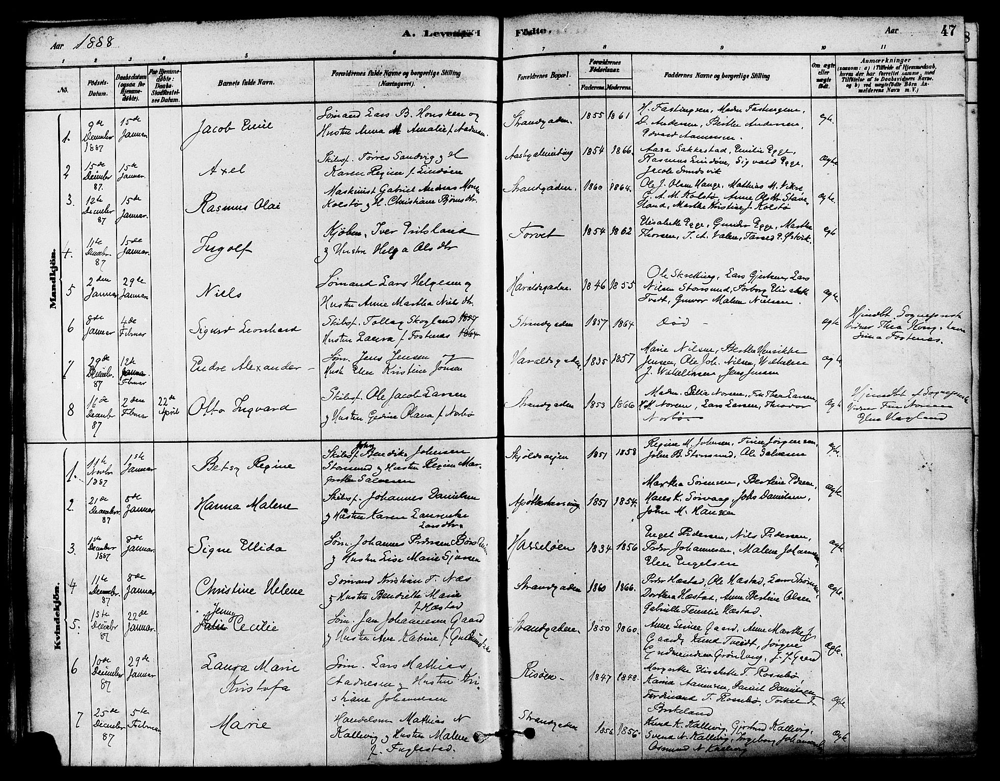 Haugesund sokneprestkontor, SAST/A -101863/H/Ha/Haa/L0003: Parish register (official) no. A 3, 1885-1890, p. 47