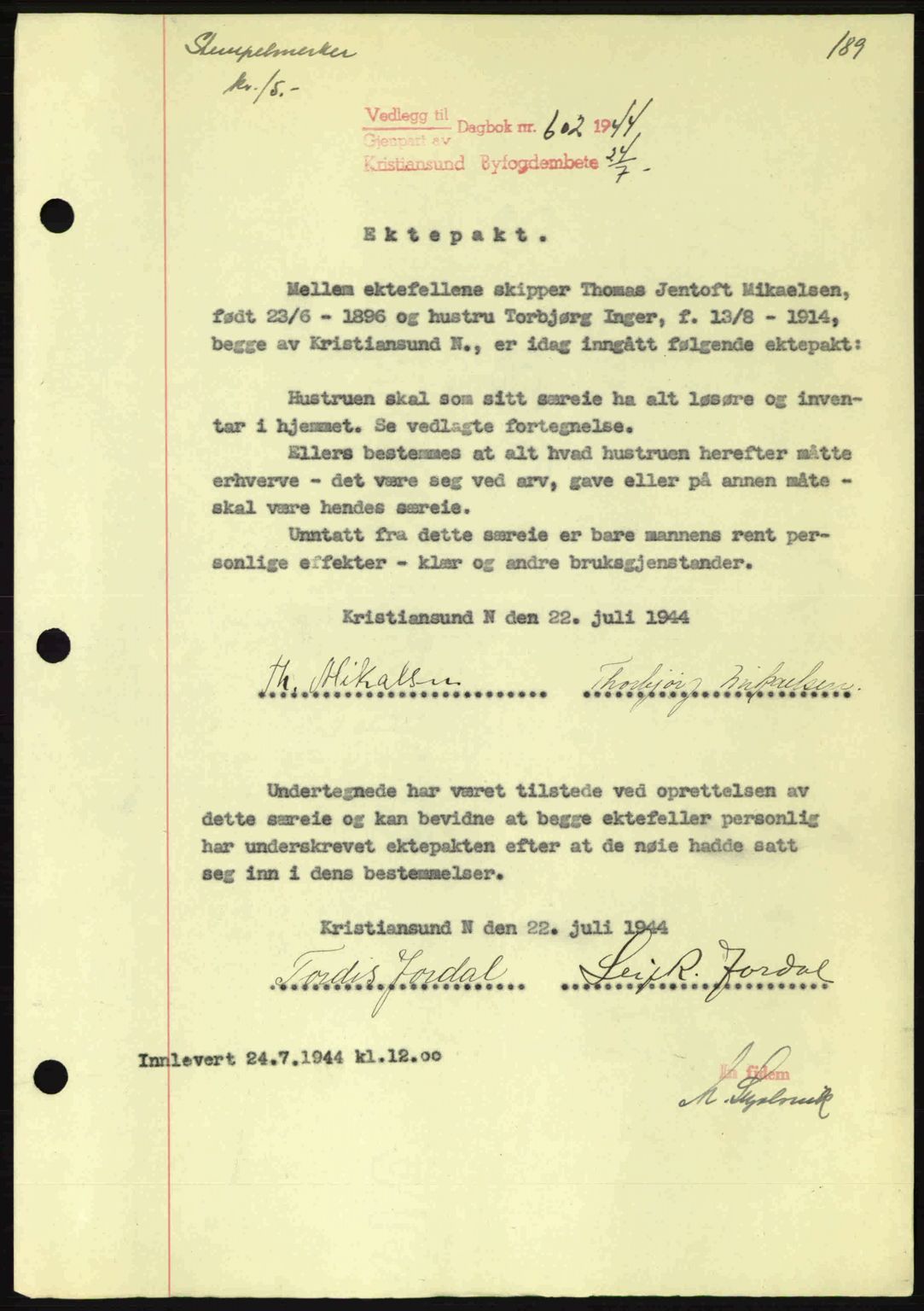 Kristiansund byfogd, AV/SAT-A-4587/A/27: Mortgage book no. 37-38, 1943-1945, Diary no: : 602/1944