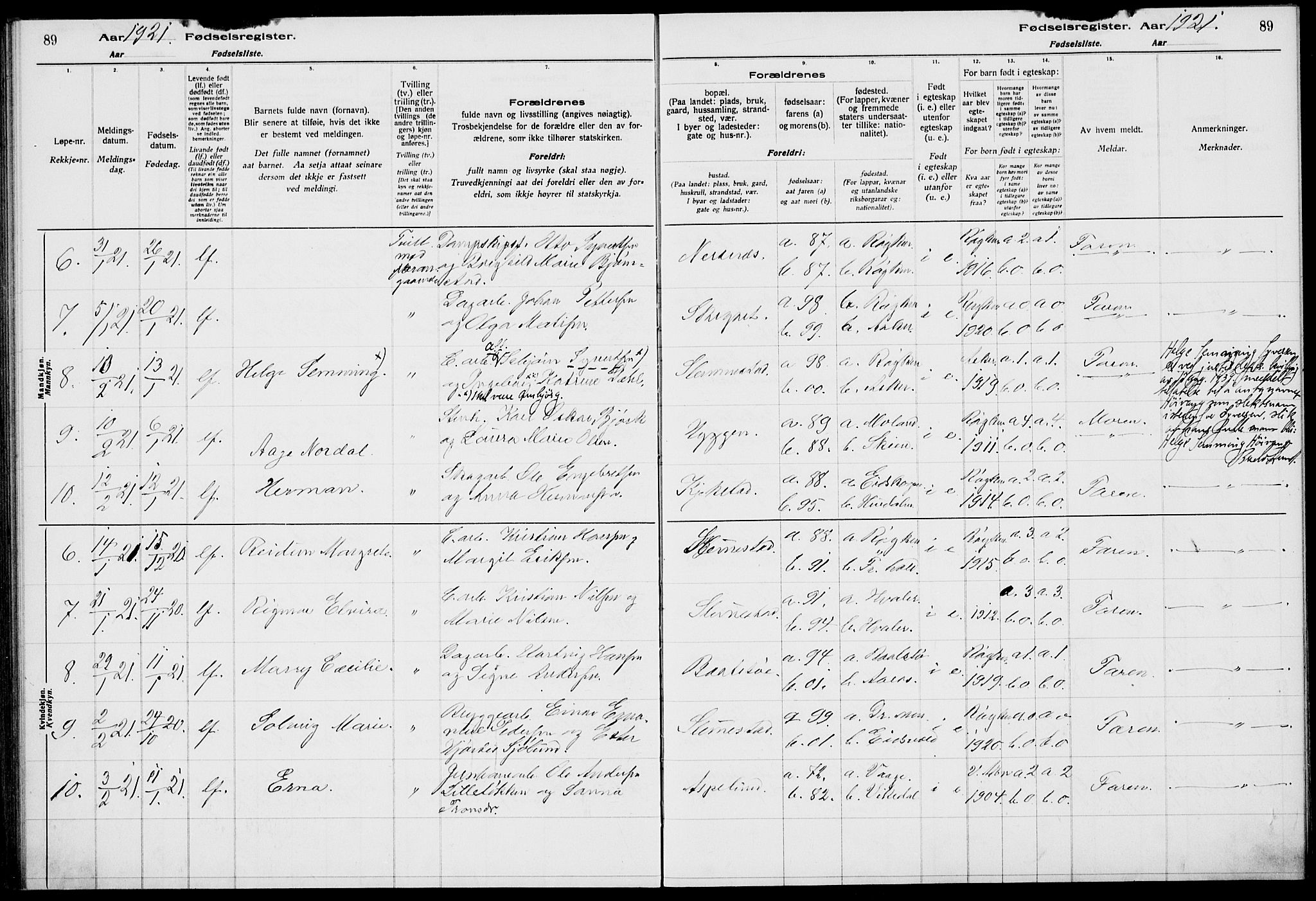 Røyken kirkebøker, AV/SAKO-A-241/J/Ja/L0001: Birth register no. 1, 1916-1927, p. 89