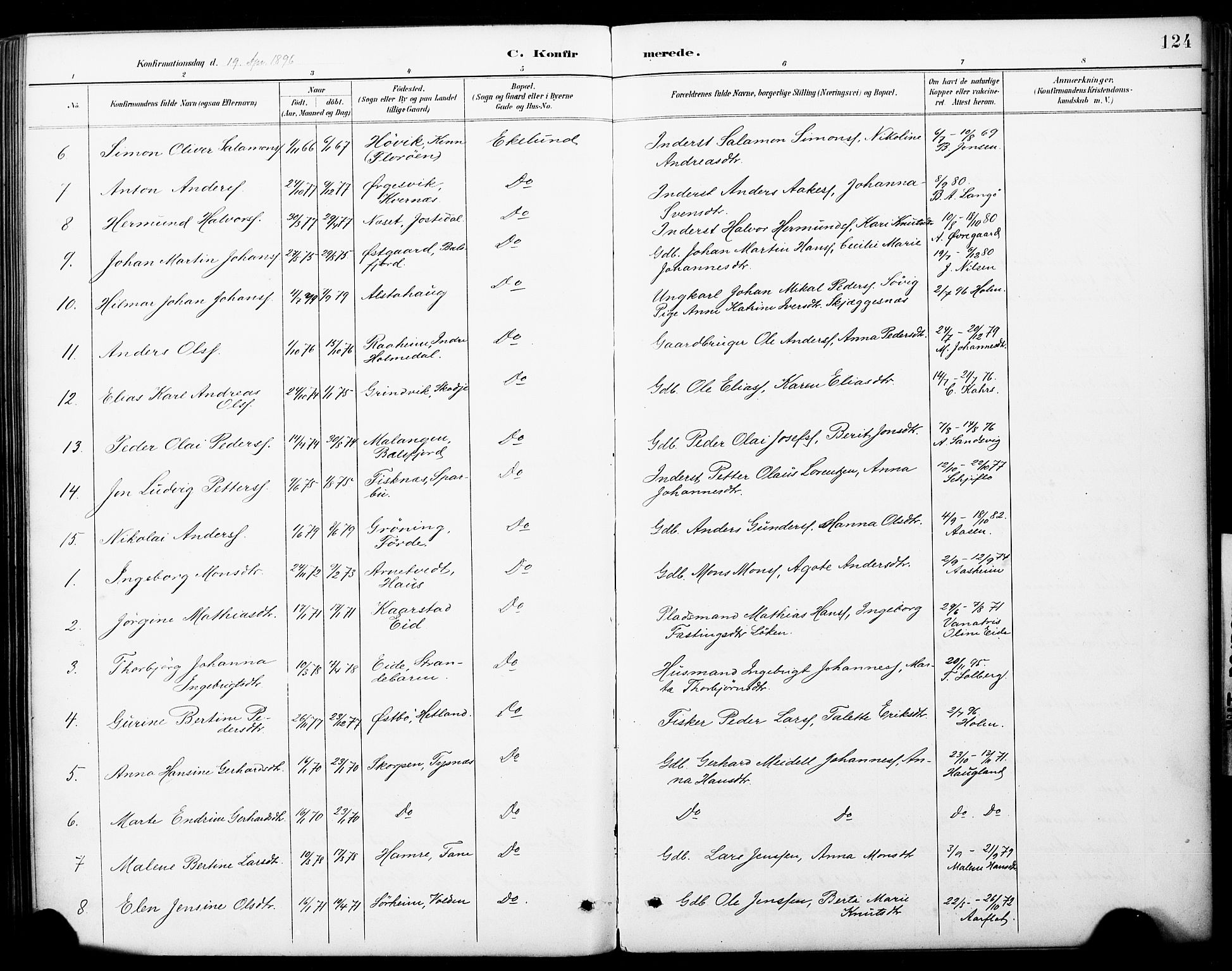 Fana Sokneprestembete, AV/SAB-A-75101/H/Haa/Haai/L0002: Parish register (official) no. I 2, 1888-1899, p. 124