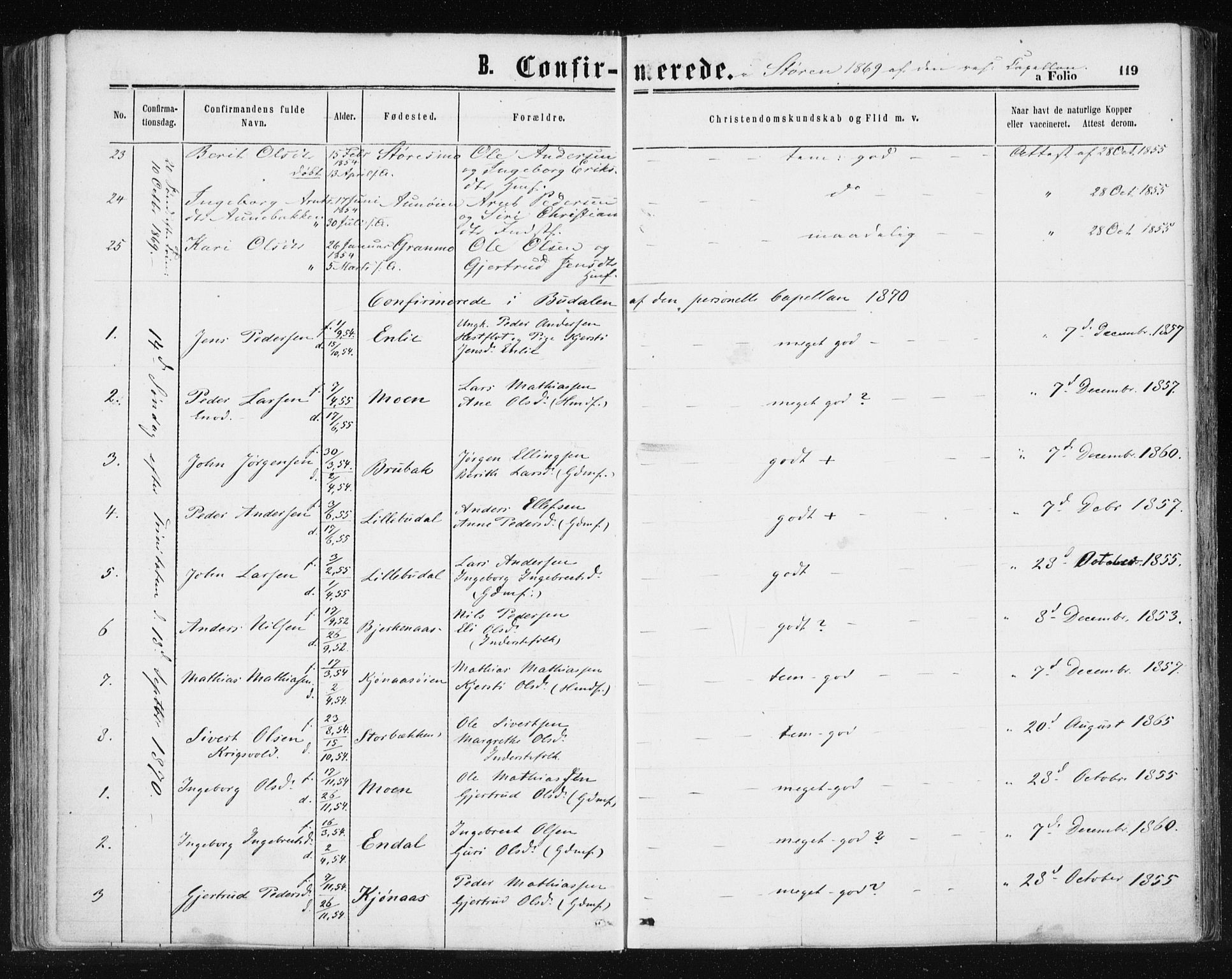 Ministerialprotokoller, klokkerbøker og fødselsregistre - Sør-Trøndelag, AV/SAT-A-1456/687/L1001: Parish register (official) no. 687A07, 1863-1878, p. 119