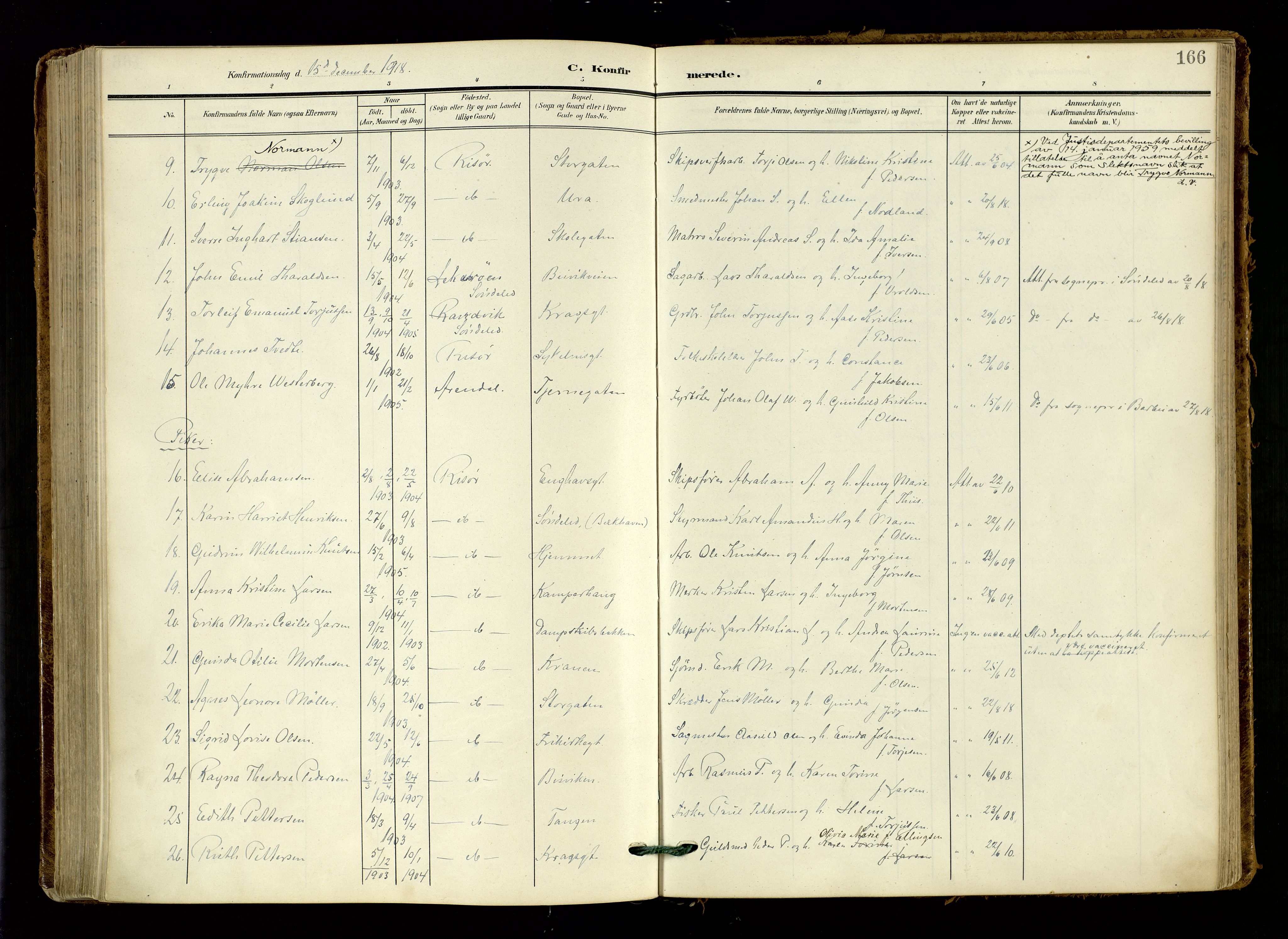 Risør sokneprestkontor, AV/SAK-1111-0035/F/Fa/L0011: Parish register (official) no. A 11, 1907-1920, p. 166