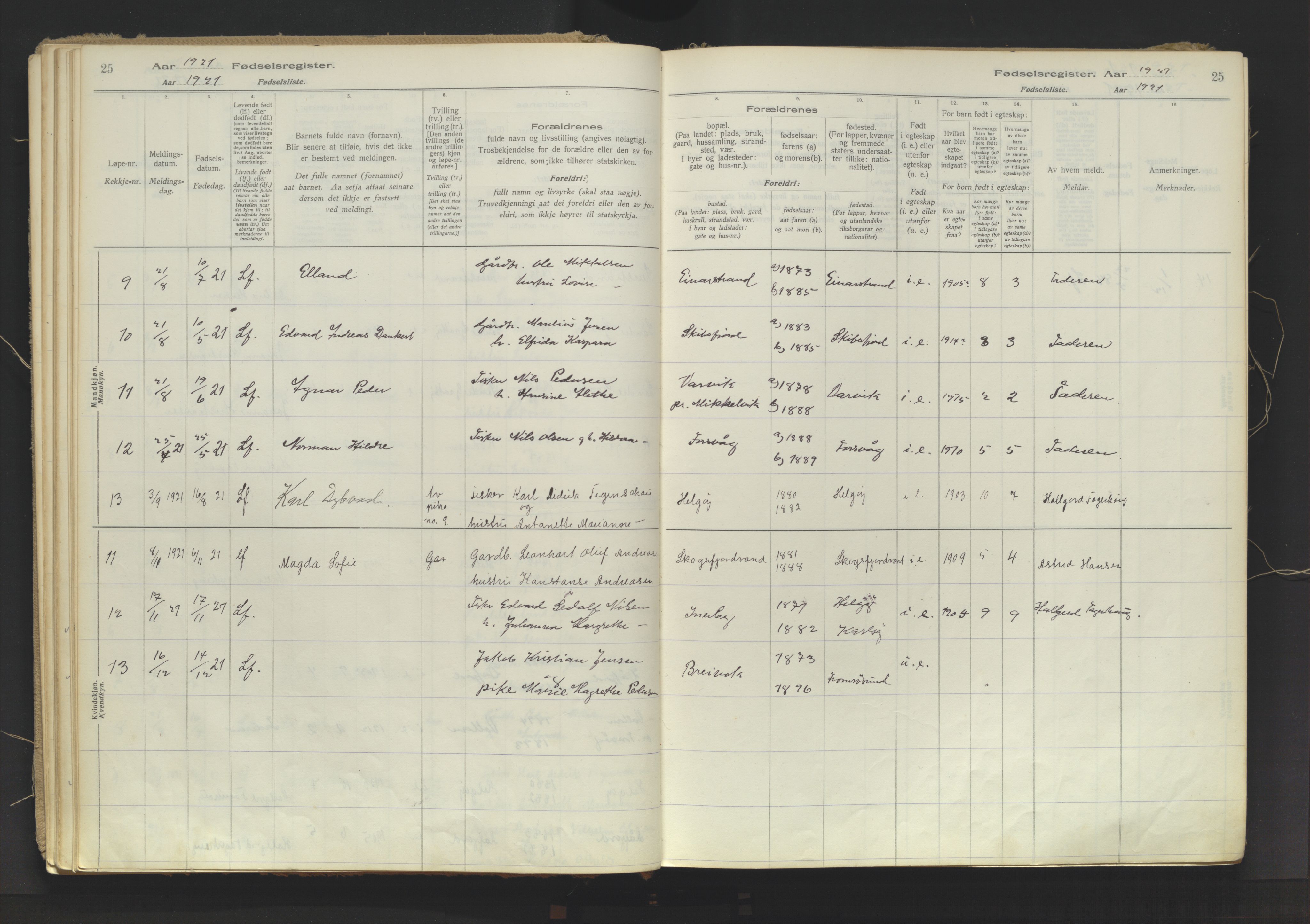 Karlsøy sokneprestembete, AV/SATØ-S-1299/I/Ic/L0067: Birth register no. 67, 1916-1958, p. 25