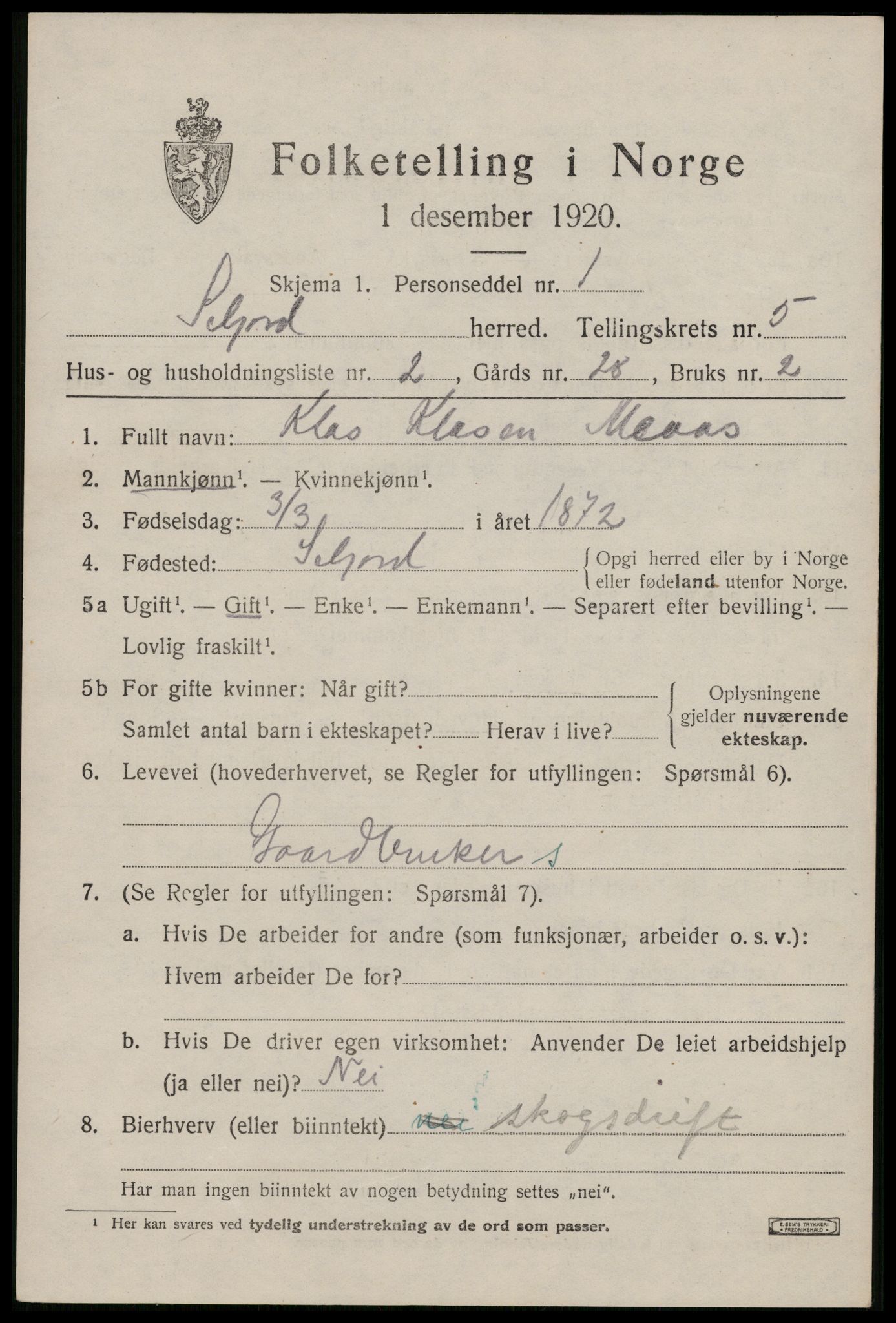 SAKO, 1920 census for Seljord, 1920, p. 2386