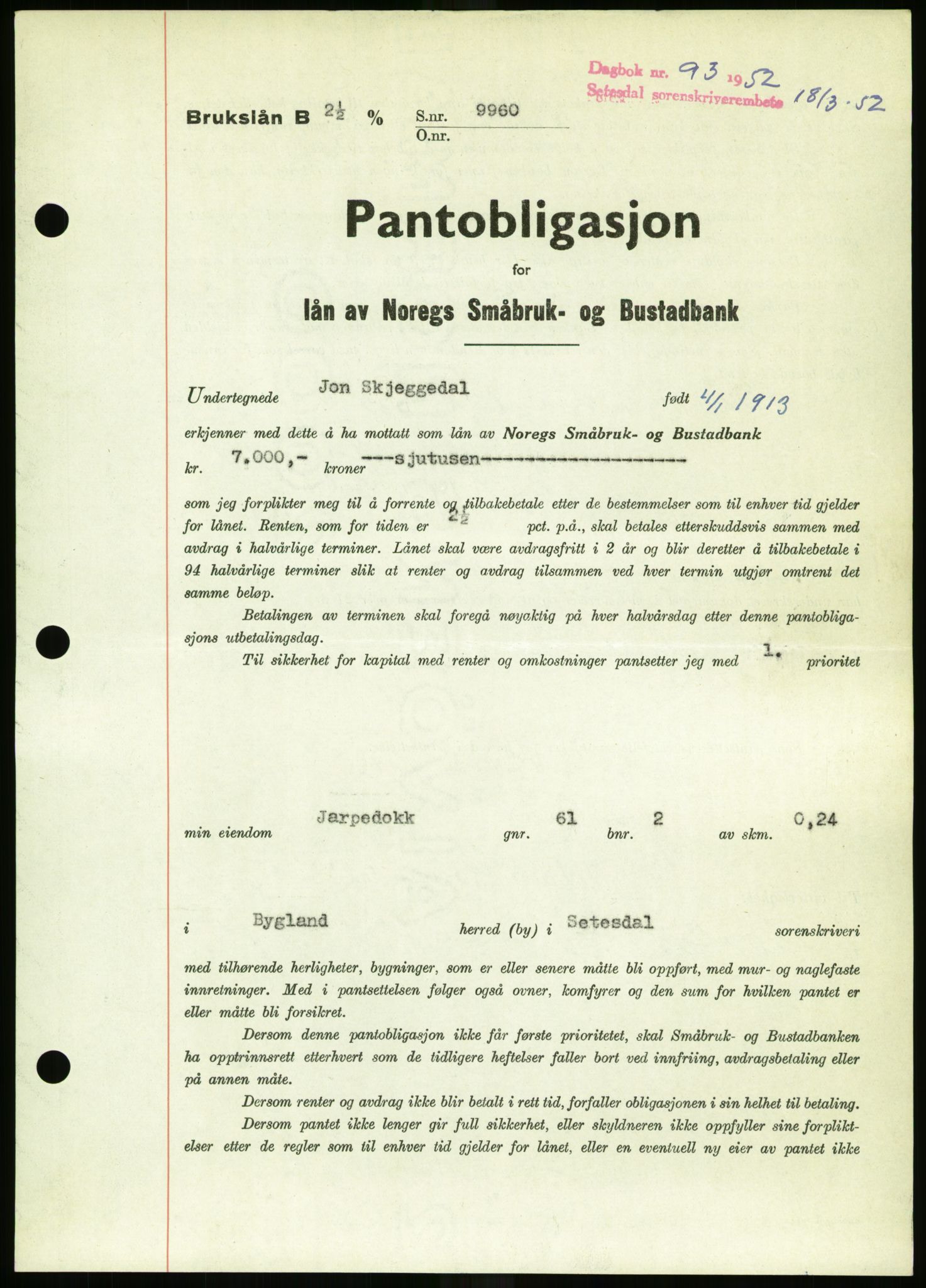 Setesdal sorenskriveri, SAK/1221-0011/G/Gb/L0050: Mortgage book no. B 38, 1949-1952, Diary no: : 93/1952