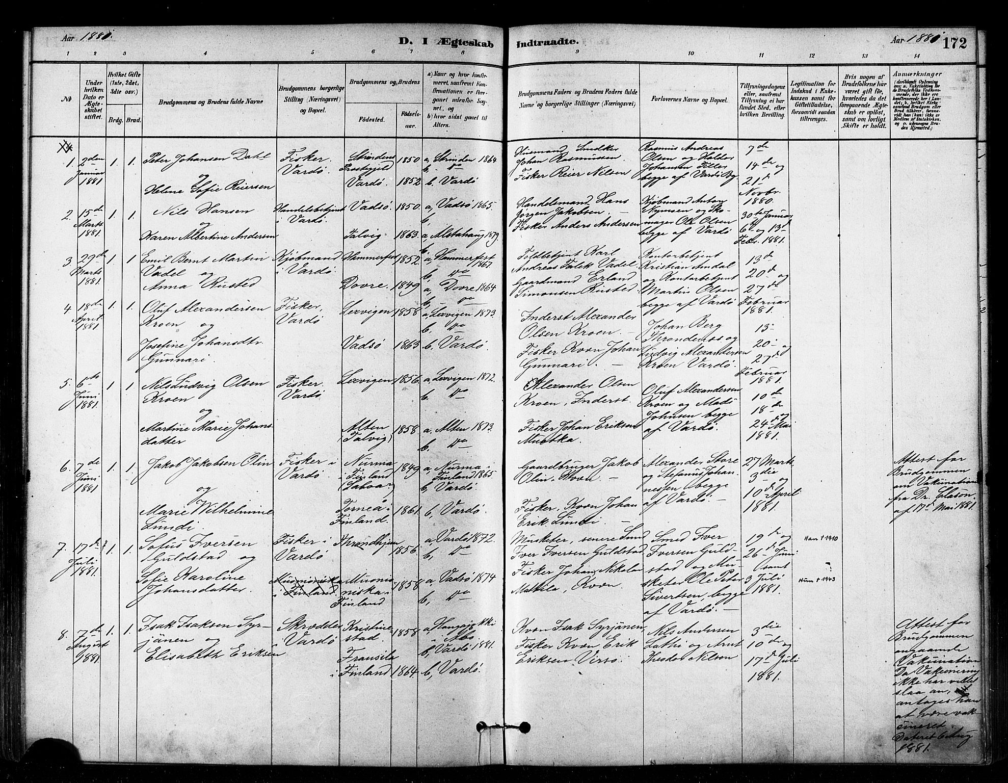 Vardø sokneprestkontor, SATØ/S-1332/H/Ha/L0006kirke: Parish register (official) no. 6, 1879-1886, p. 172