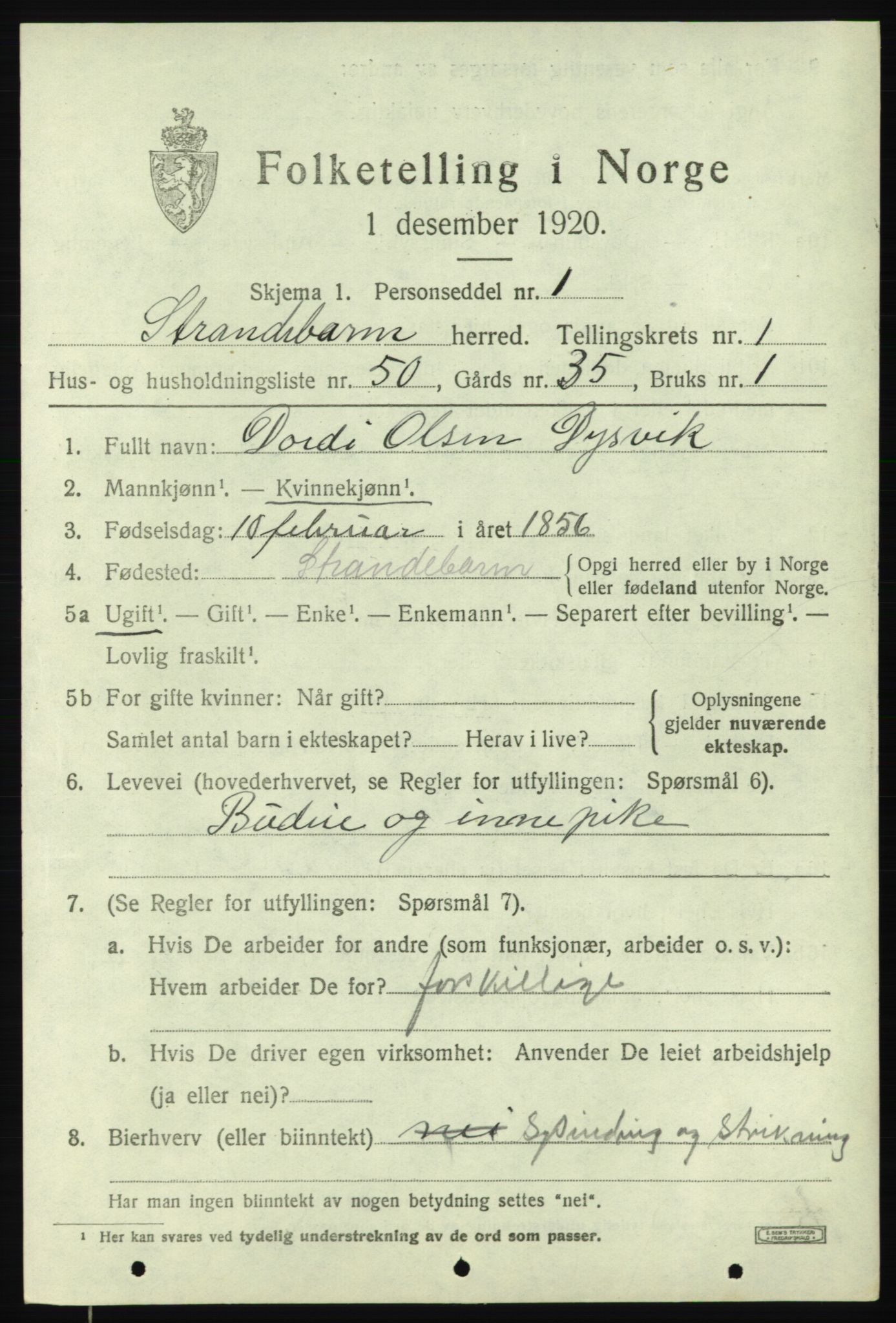 SAB, 1920 census for Strandebarm, 1920, p. 1866