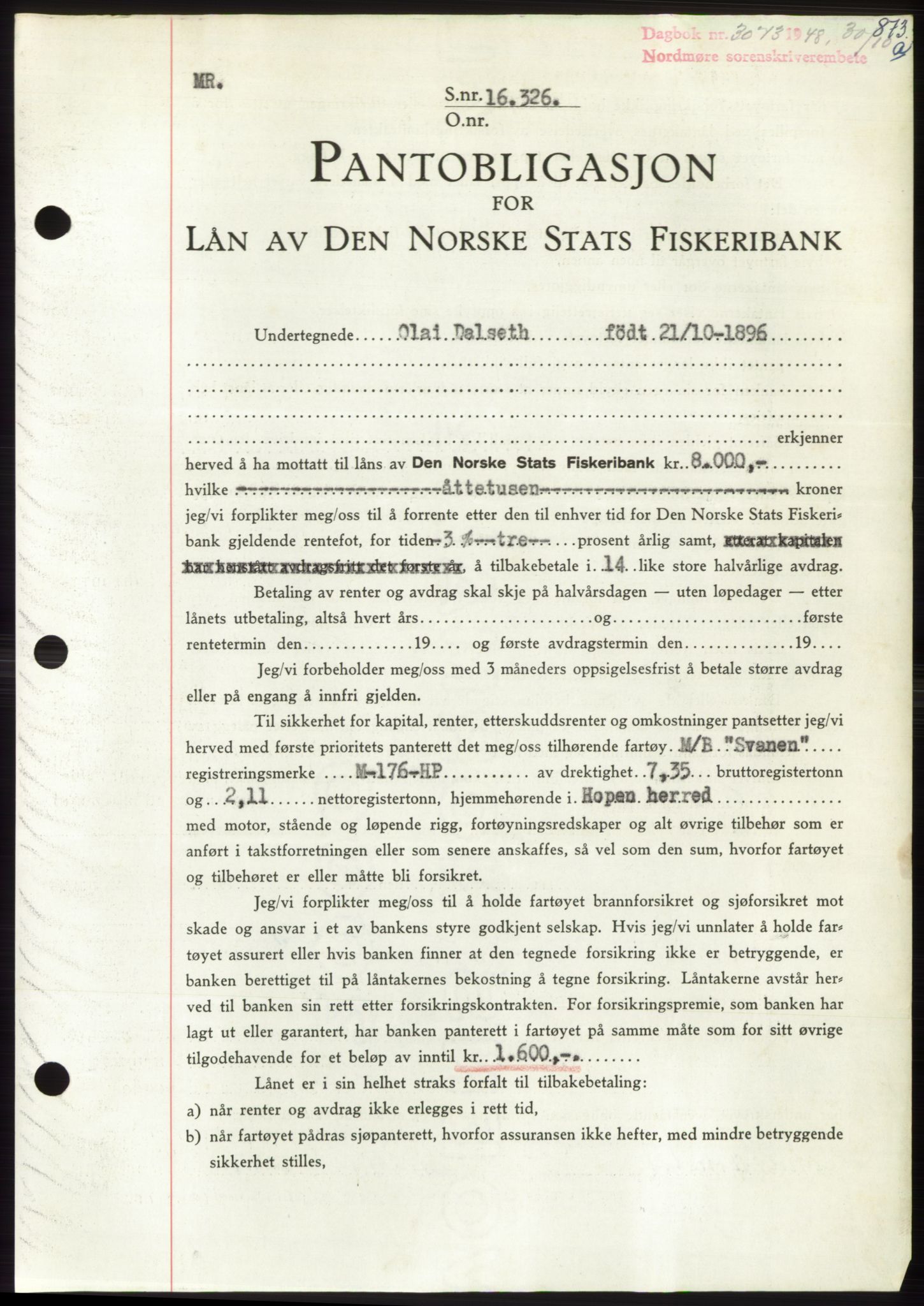 Nordmøre sorenskriveri, AV/SAT-A-4132/1/2/2Ca: Mortgage book no. B99, 1948-1948, Diary no: : 3073/1948