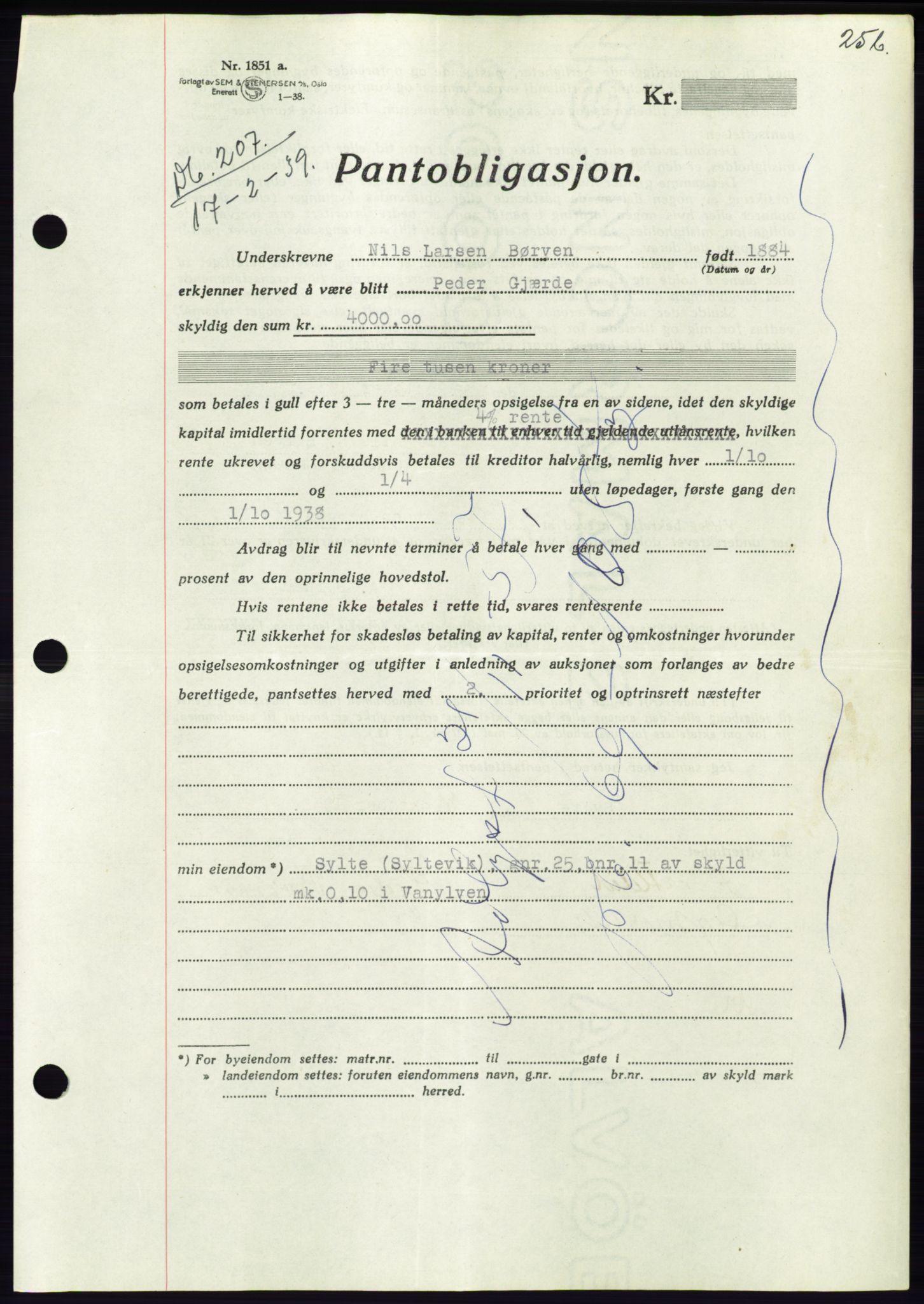 Søre Sunnmøre sorenskriveri, AV/SAT-A-4122/1/2/2C/L0067: Mortgage book no. 61, 1938-1939, Diary no: : 207/1939