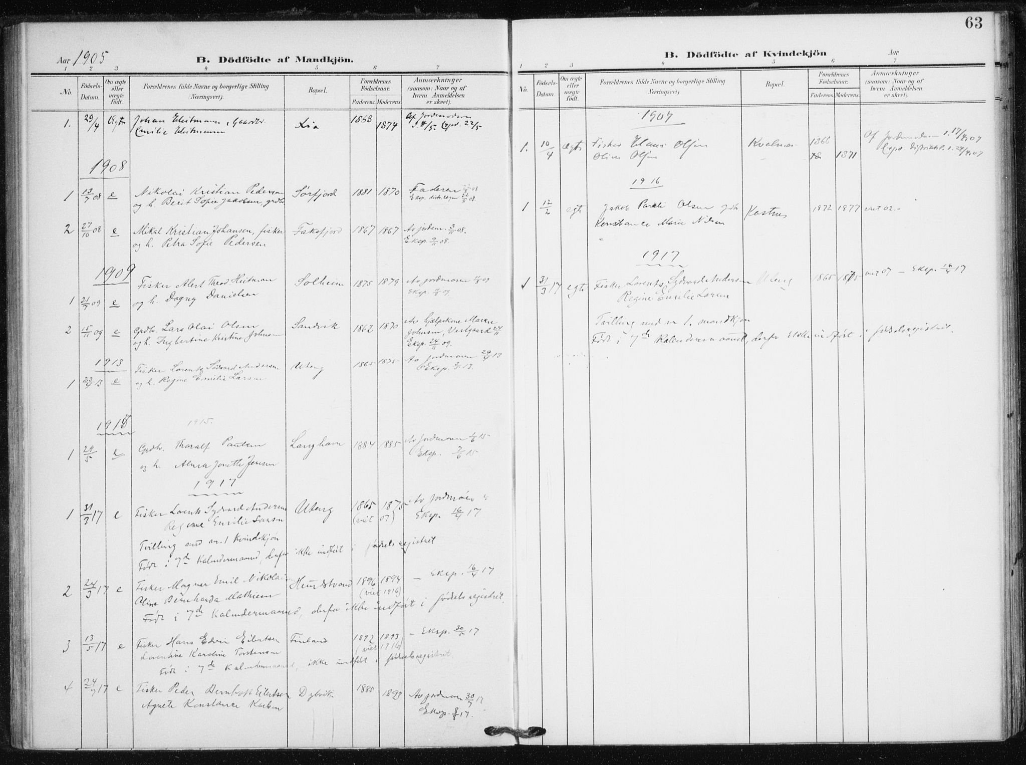 Tranøy sokneprestkontor, AV/SATØ-S-1313/I/Ia/Iaa/L0013kirke: Parish register (official) no. 13, 1905-1922, p. 63