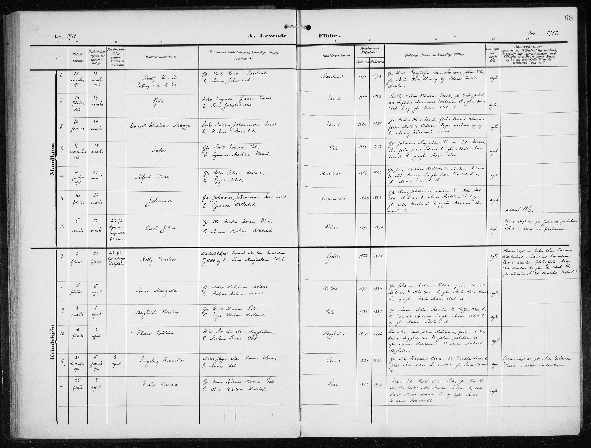 Herdla Sokneprestembete, SAB/A-75701/H/Haa: Parish register (official) no. A 5, 1905-1918, p. 68