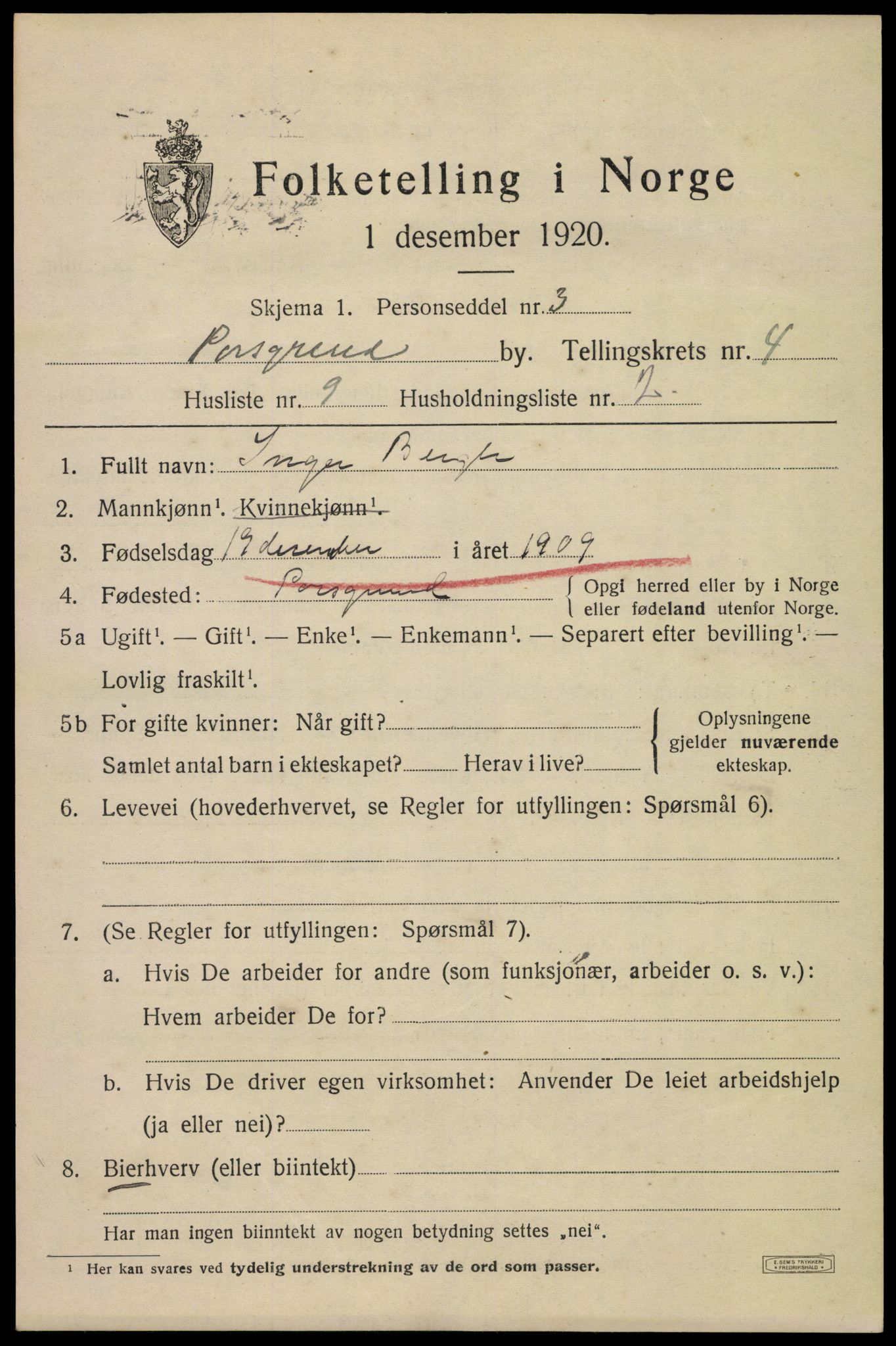 SAKO, 1920 census for Porsgrunn, 1920, p. 18947