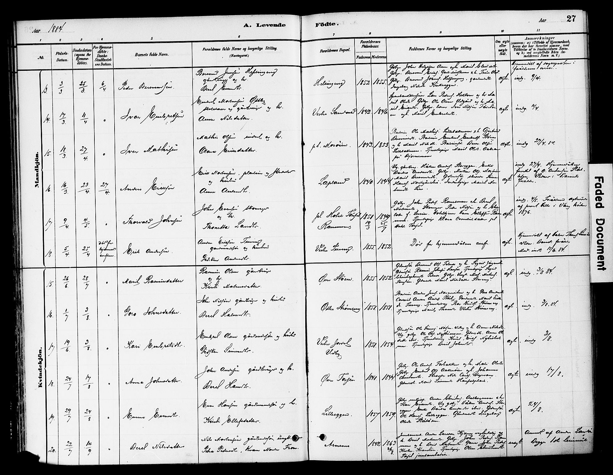 Tynset prestekontor, AV/SAH-PREST-058/H/Ha/Haa/L0022: Parish register (official) no. 22, 1880-1899, p. 27
