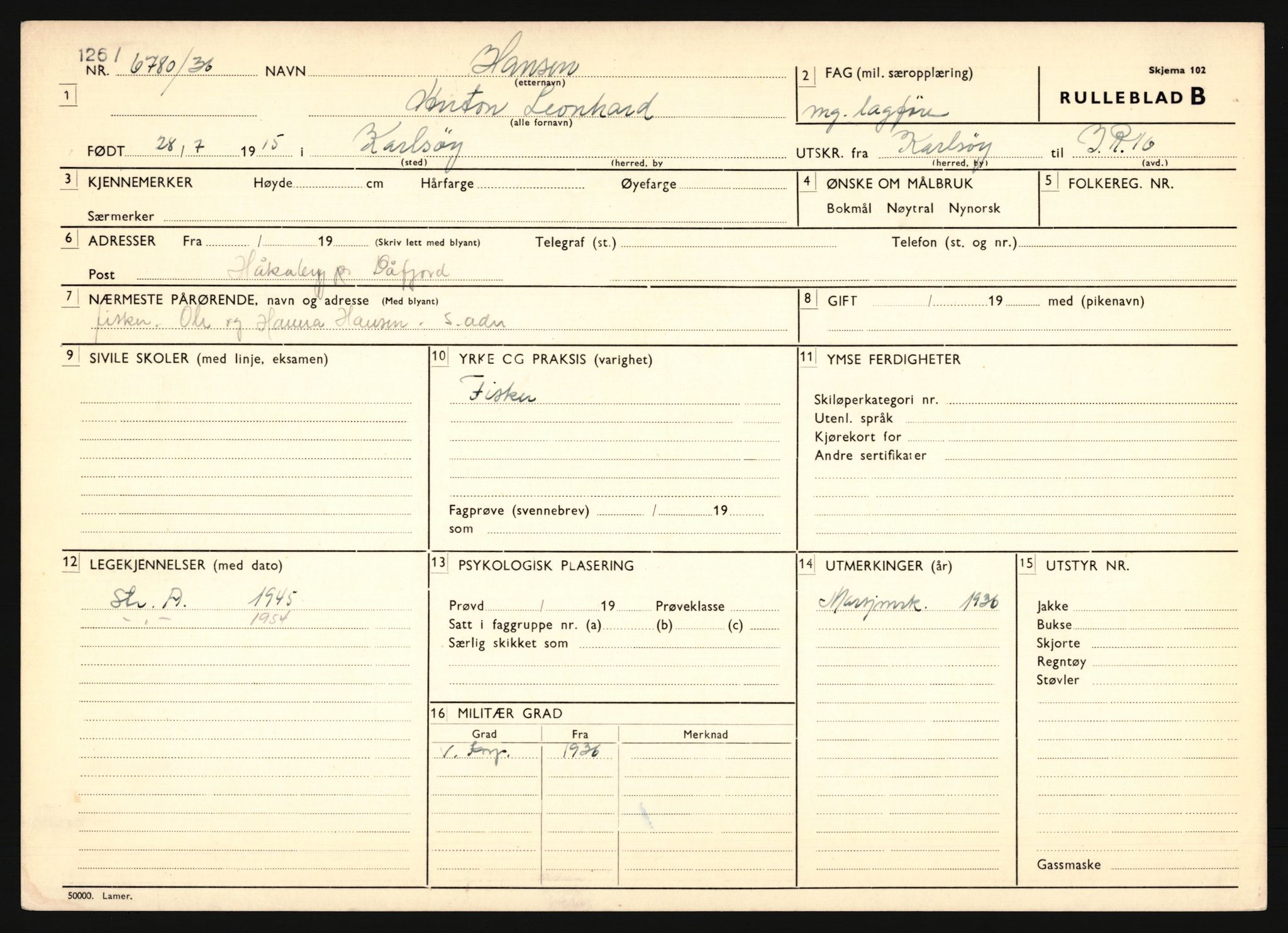 Forsvaret, Troms infanteriregiment nr. 16, AV/RA-RAFA-3146/P/Pa/L0020: Rulleblad for regimentets menige mannskaper, årsklasse 1936, 1936, p. 303