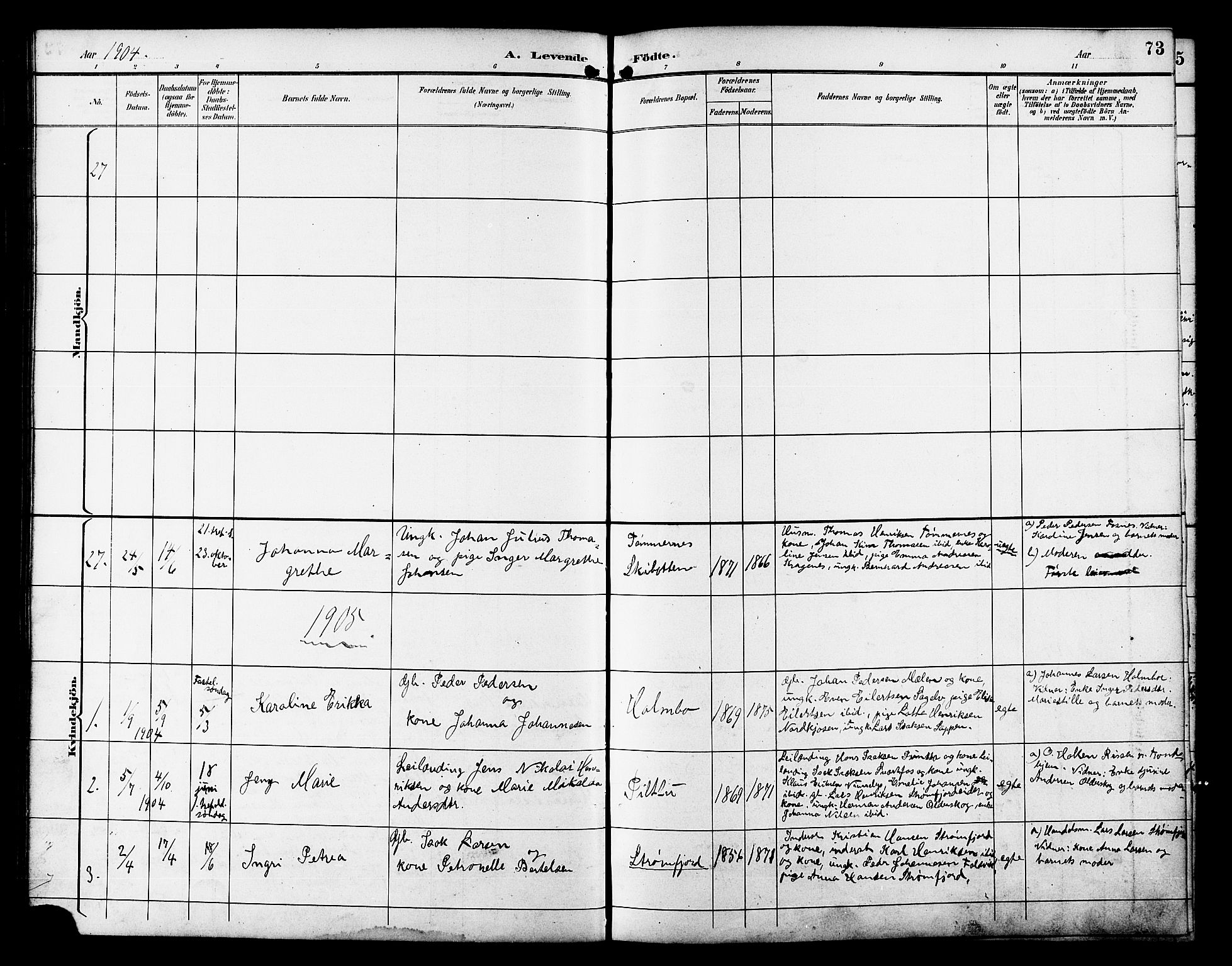 Skjervøy sokneprestkontor, AV/SATØ-S-1300/H/Ha/Hab/L0021klokker: Parish register (copy) no. 21, 1893-1910, p. 73