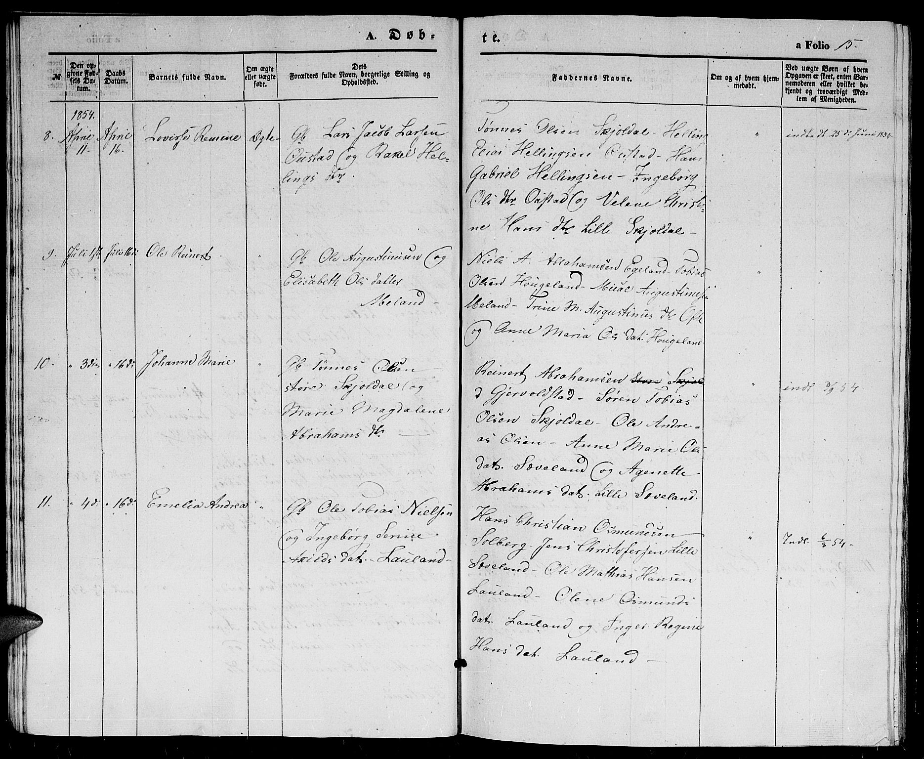 Herad sokneprestkontor, AV/SAK-1111-0018/F/Fb/Fba/L0002: Parish register (copy) no. B 2, 1852-1862, p. 15