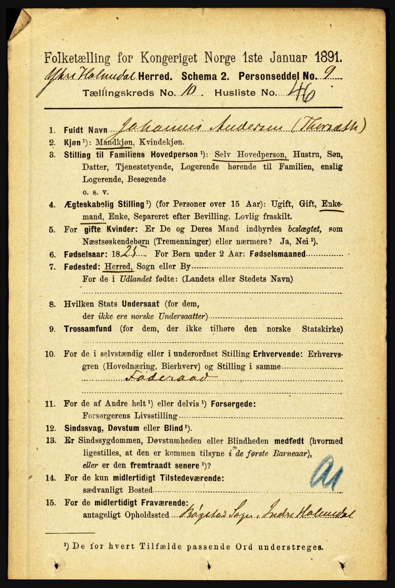 RA, 1891 census for 1429 Ytre Holmedal, 1891, p. 2606
