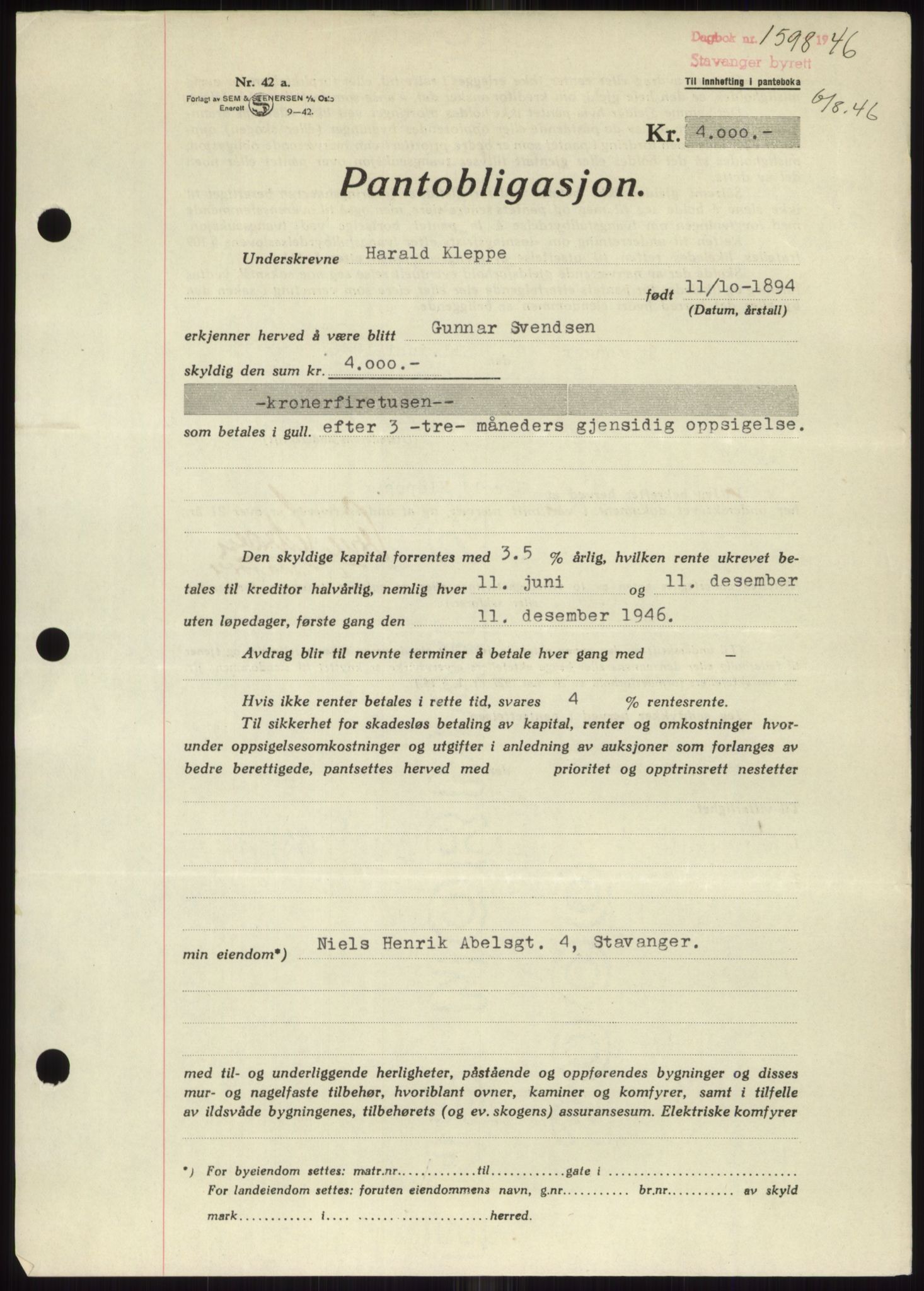 Stavanger byrett, SAST/A-100455/002/G/Gb/L0031: Mortgage book, 1943-1947, Diary no: : 1598/1946