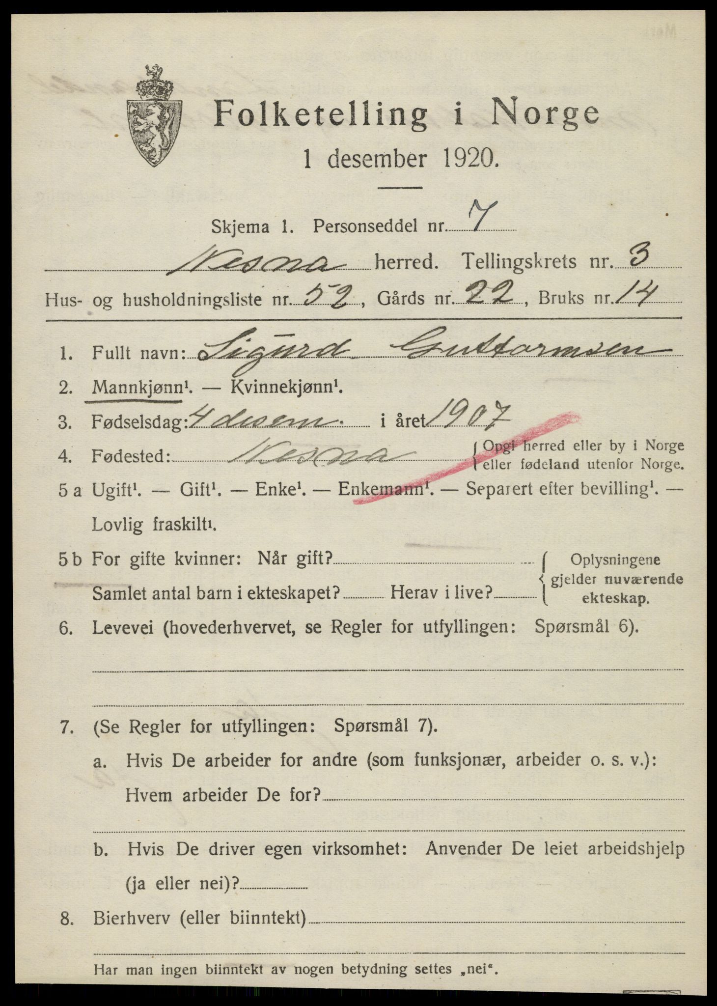 SAT, 1920 census for Nesna, 1920, p. 3231