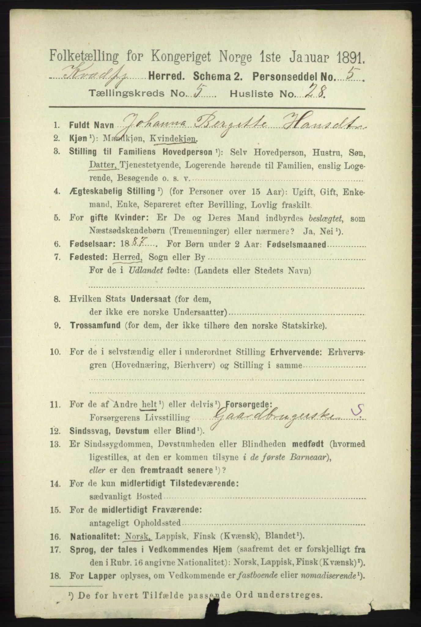 RA, 1891 census for 1911 Kvæfjord, 1891, p. 3036