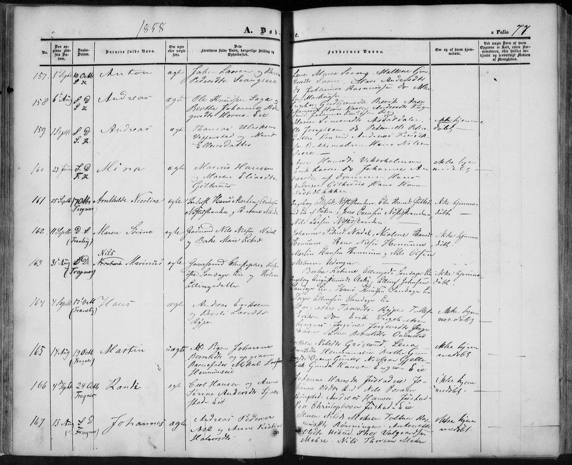 Lier kirkebøker, SAKO/A-230/F/Fa/L0012: Parish register (official) no. I 12, 1854-1864, p. 77