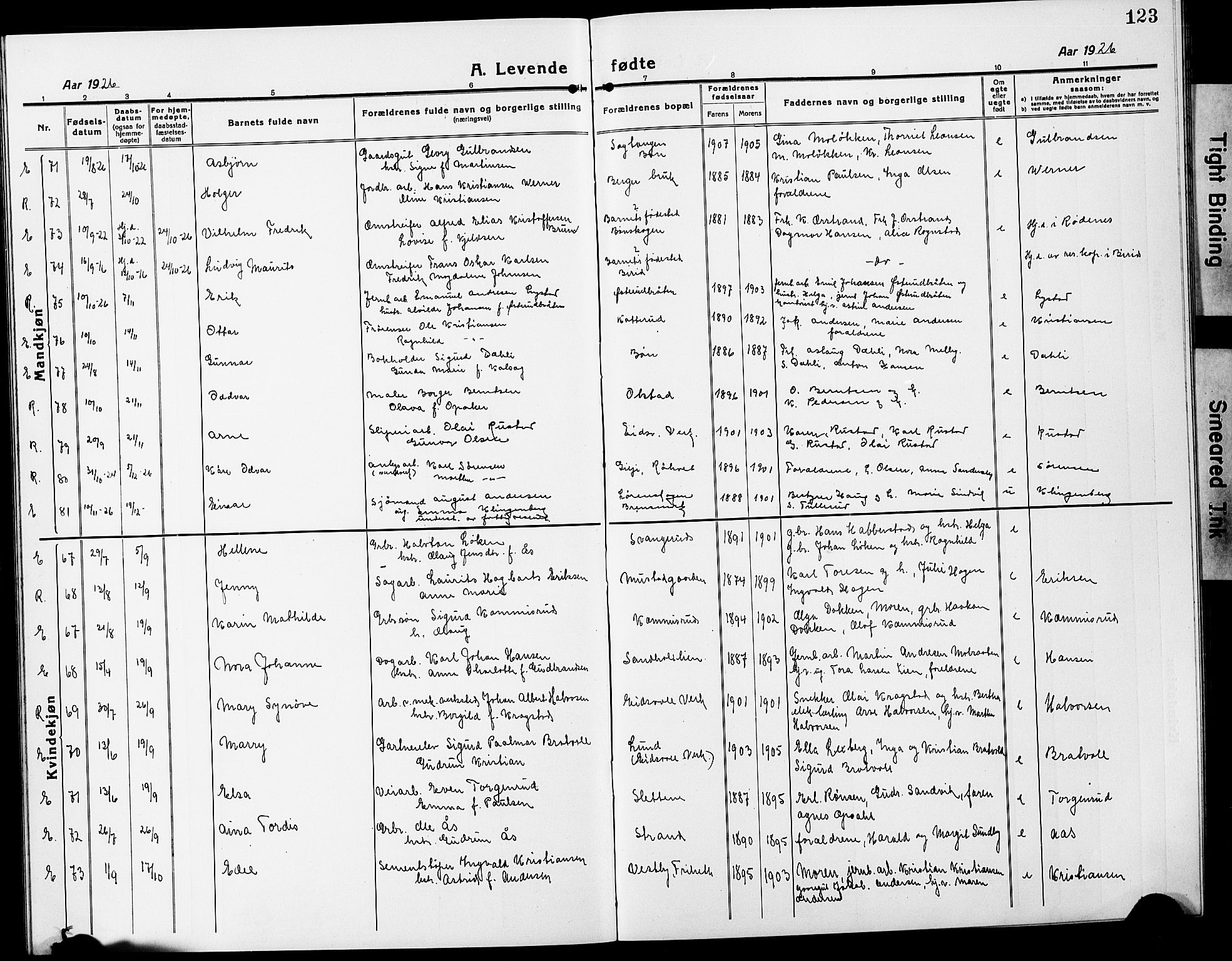 Eidsvoll prestekontor Kirkebøker, AV/SAO-A-10888/G/Ga/L0010: Parish register (copy) no. I 10, 1919-1929, p. 123