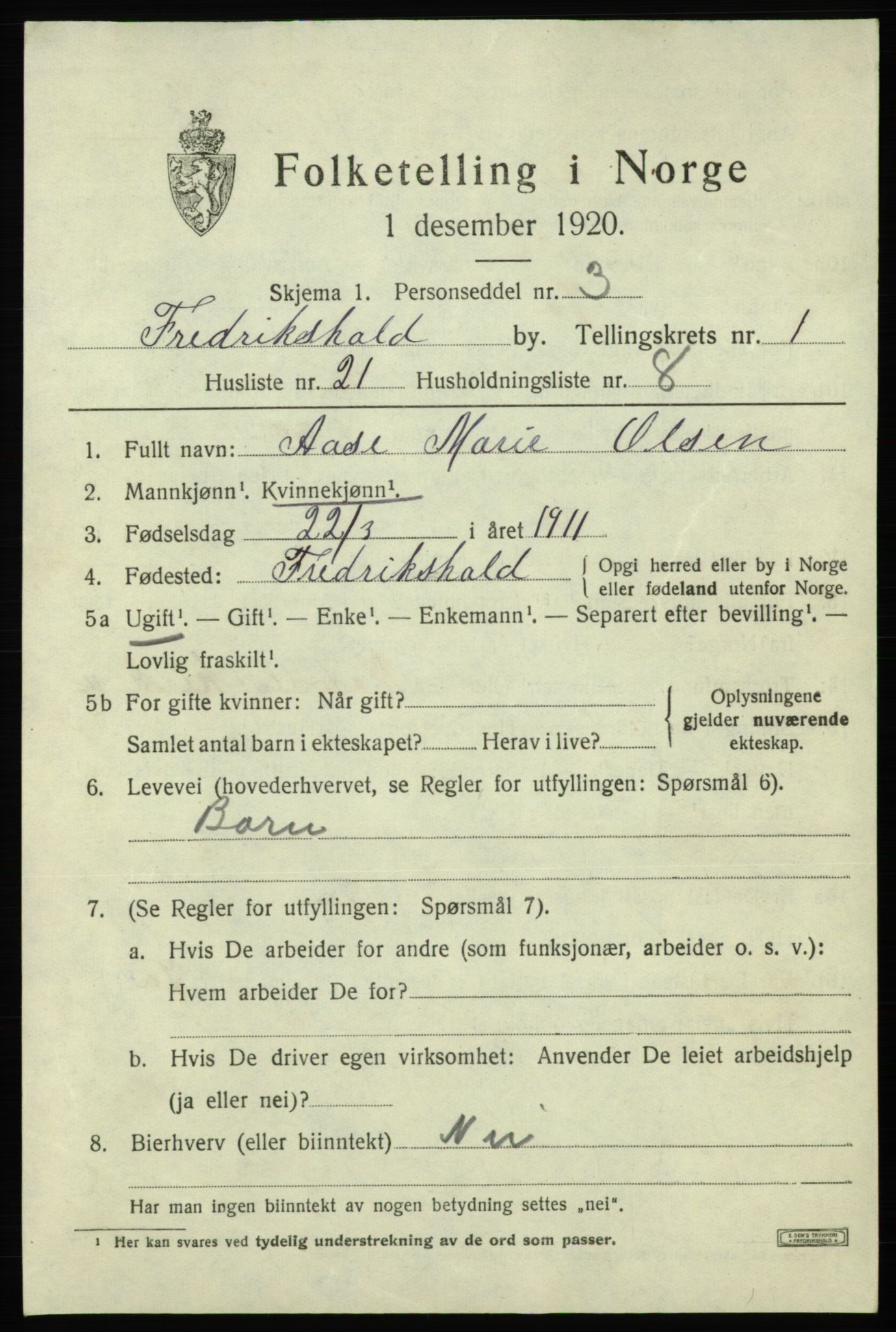 SAO, 1920 census for Fredrikshald, 1920, p. 8444