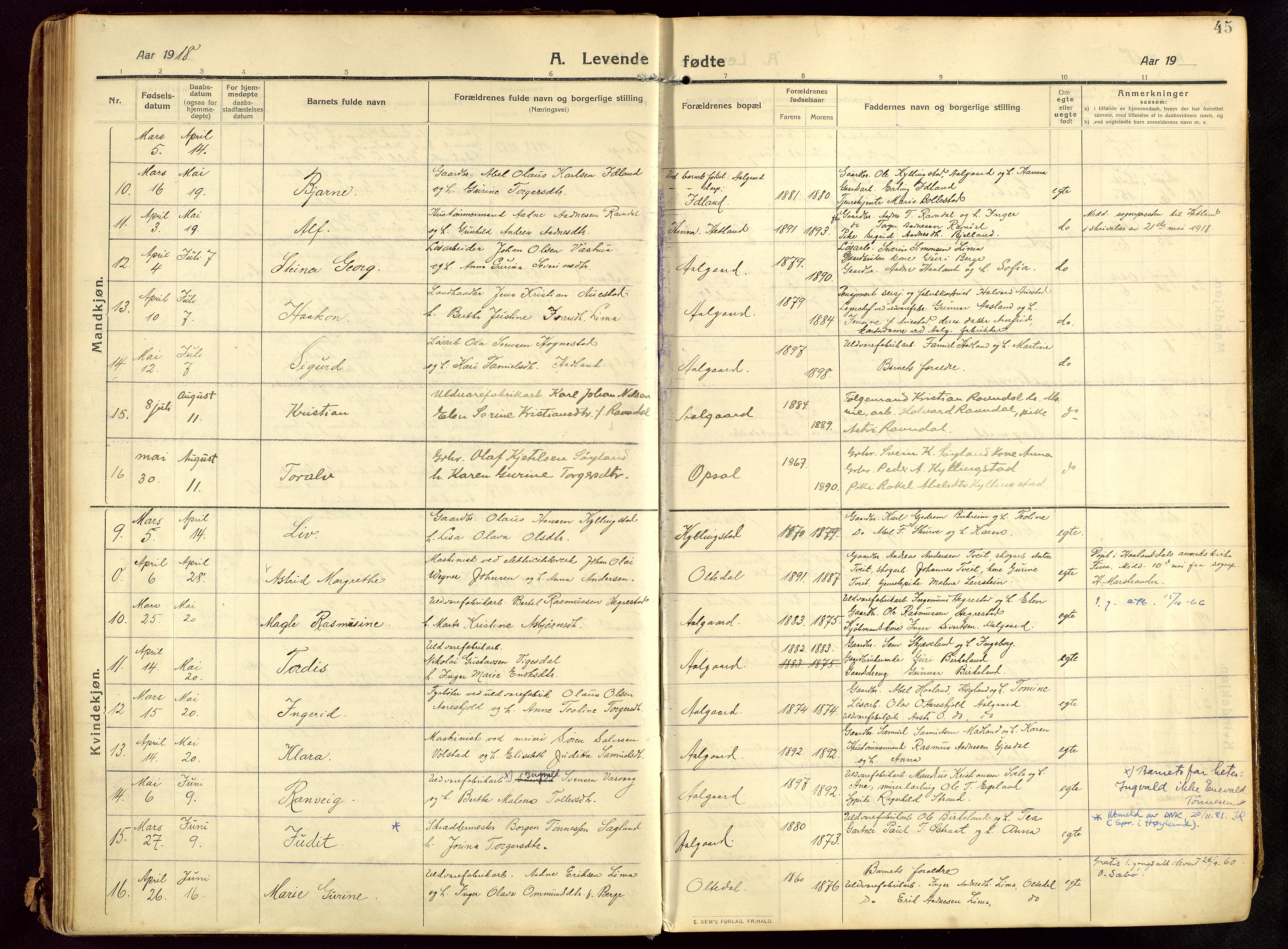 Lye sokneprestkontor, AV/SAST-A-101794/002/B/L0001: Parish register (official) no. A 13, 1910-1925, p. 45