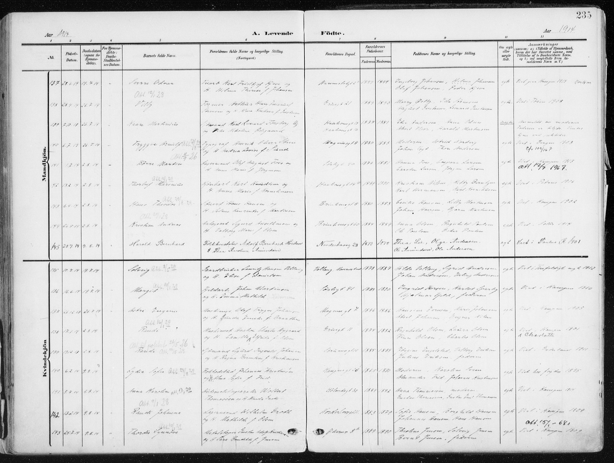 Kampen prestekontor Kirkebøker, SAO/A-10853/F/Fa/L0010: Parish register (official) no. I 10, 1905-1917, p. 235