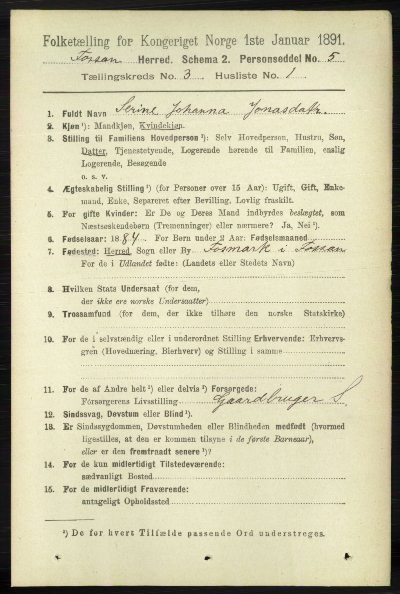 RA, 1891 census for 1129 Forsand, 1891, p. 332