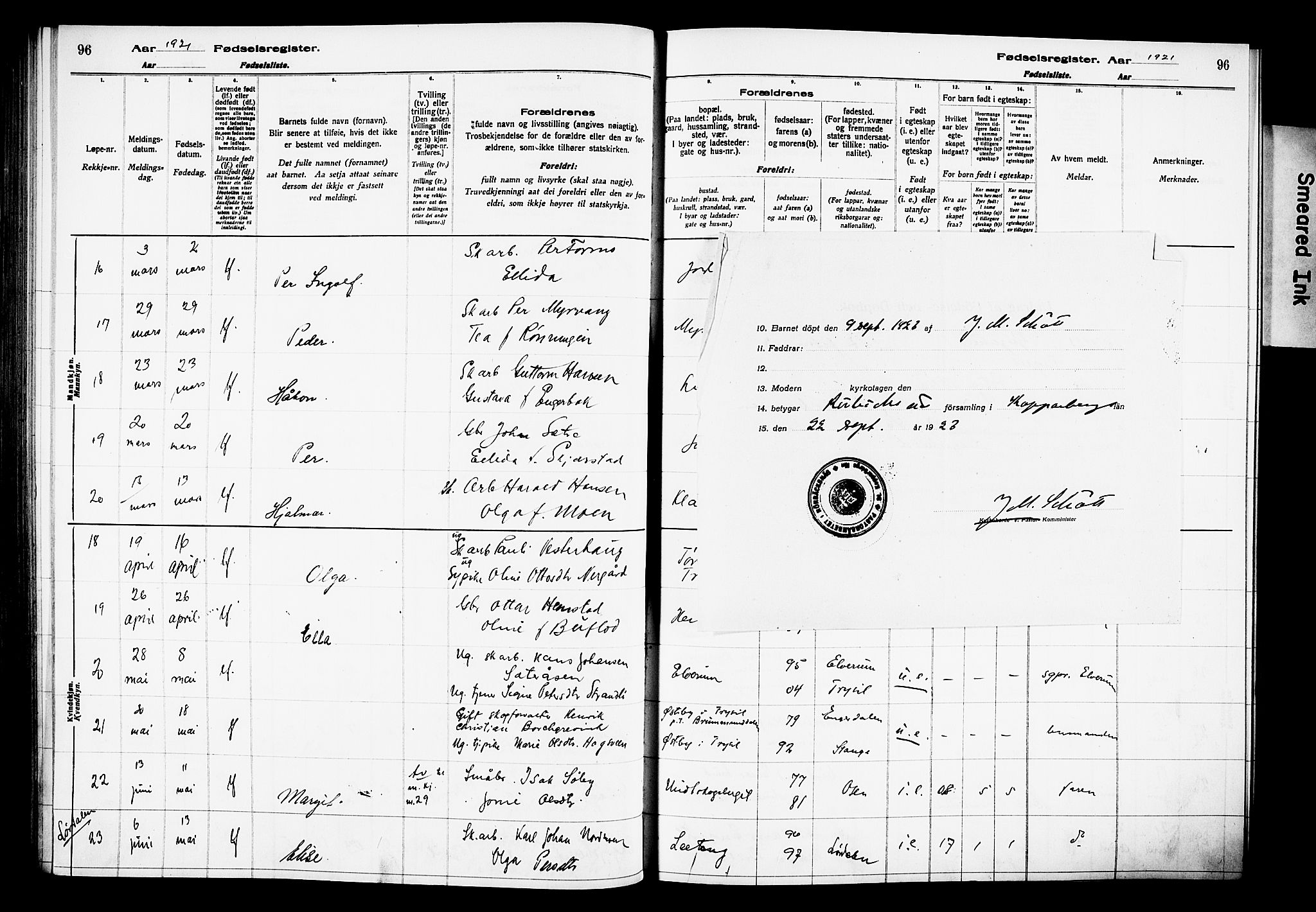 Trysil prestekontor, SAH/PREST-046/I/Id: Birth register no. 1, 1916-1927, p. 96