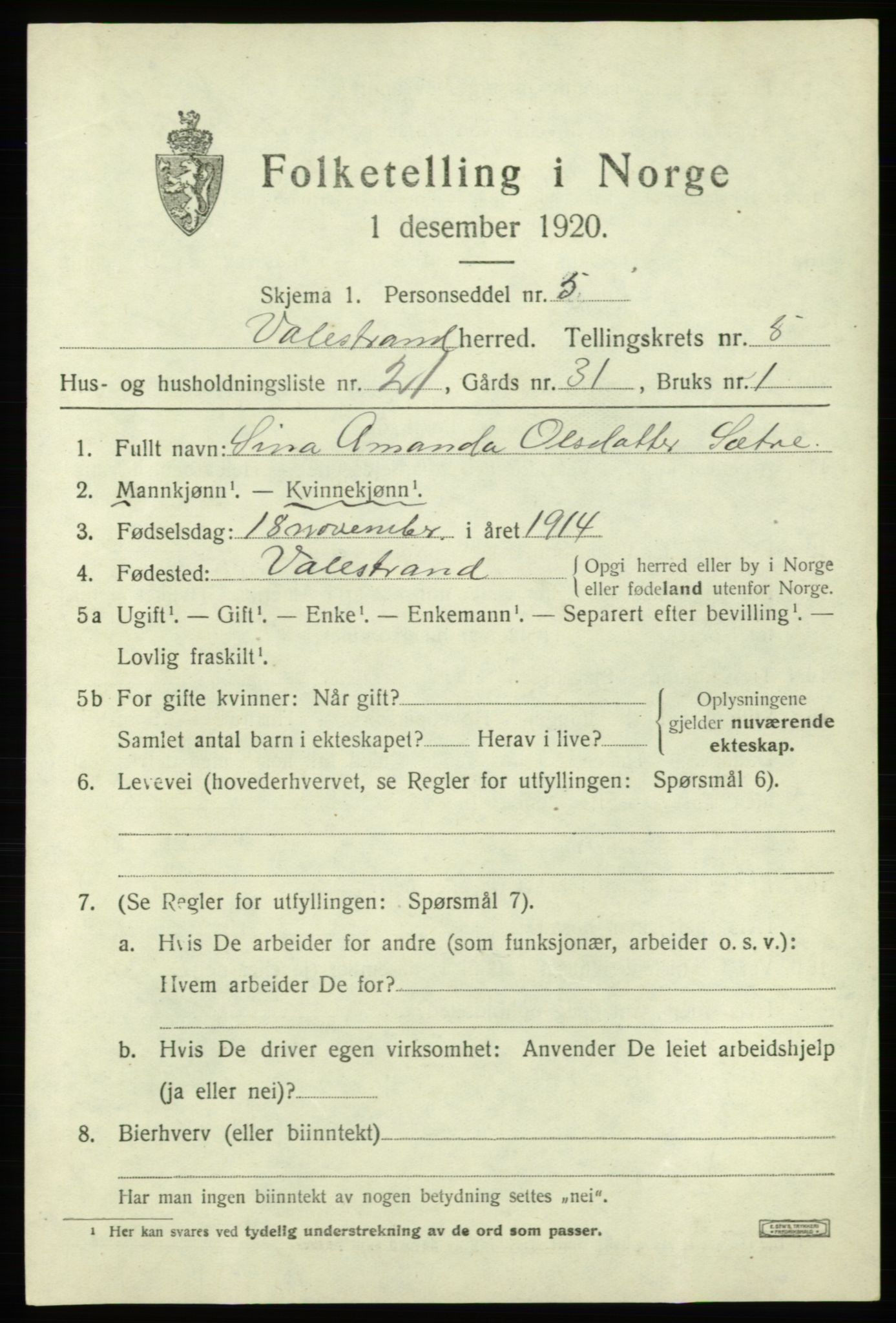 SAB, 1920 census for Valestrand, 1920, p. 2247