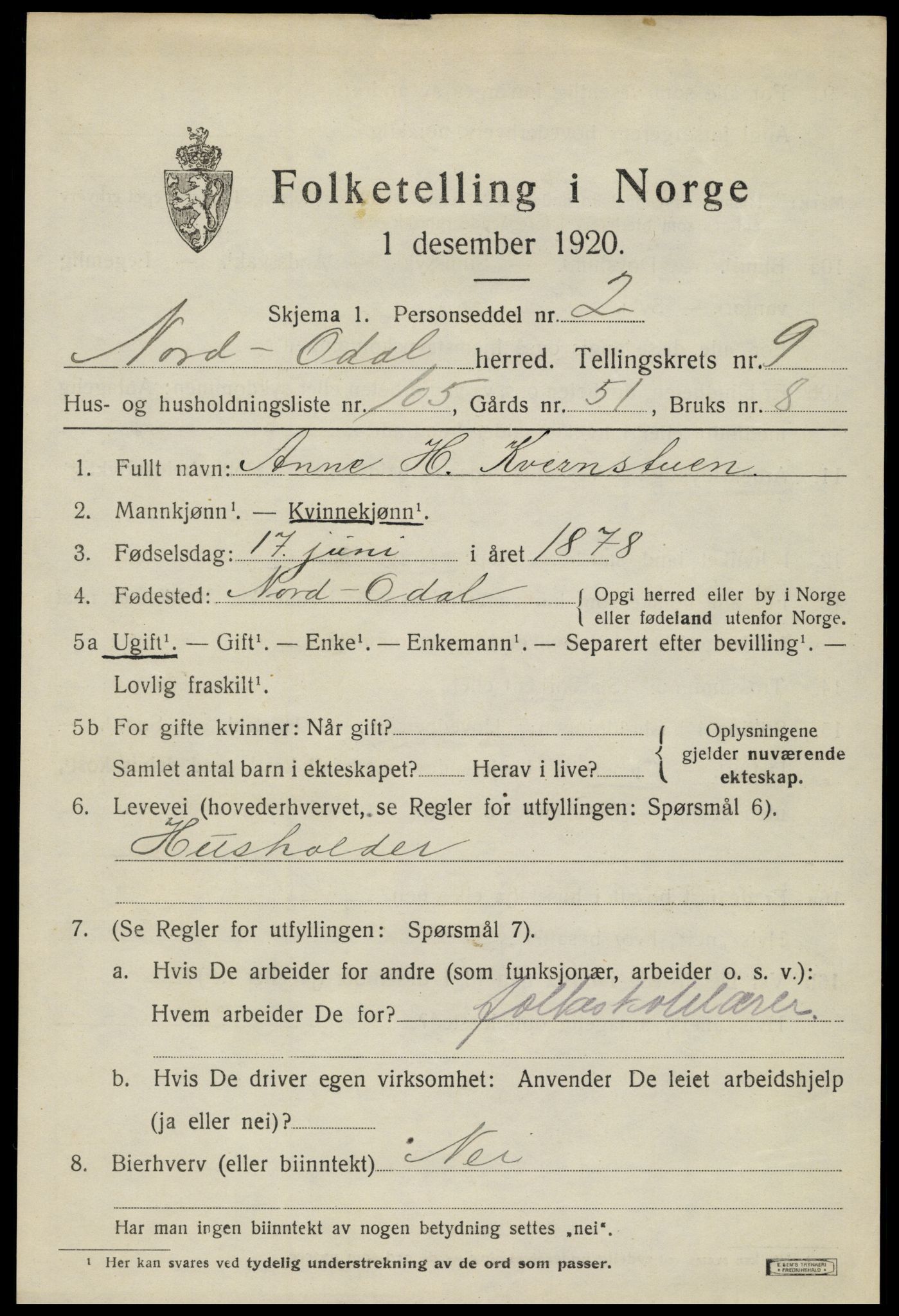 SAH, 1920 census for Nord-Odal, 1920, p. 10867