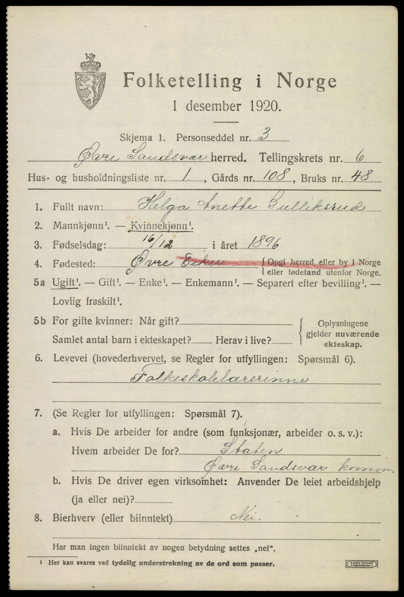 SAKO, 1920 census for Øvre Sandsvær, 1920, p. 3180