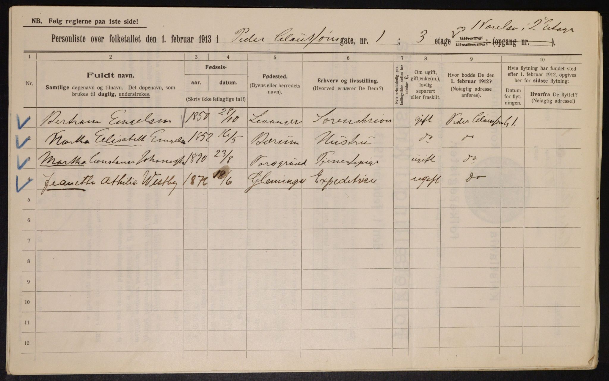 OBA, Municipal Census 1913 for Kristiania, 1913, p. 78910