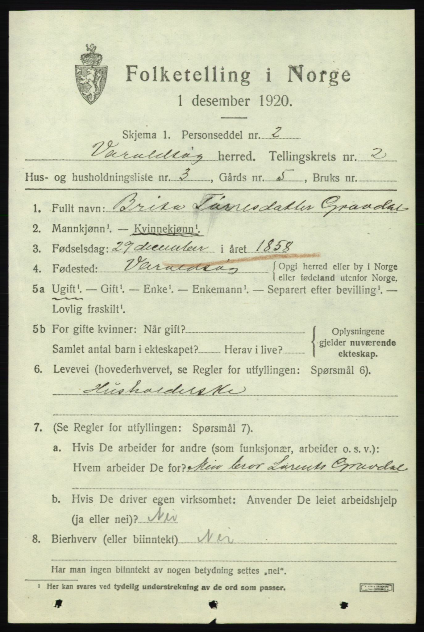 SAB, 1920 census for Varaldsøy, 1920, p. 765