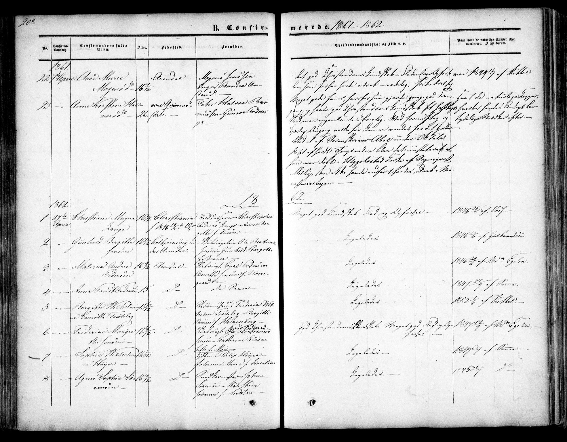 Arendal sokneprestkontor, Trefoldighet, SAK/1111-0040/F/Fa/L0006: Parish register (official) no. A 6, 1855-1868, p. 208