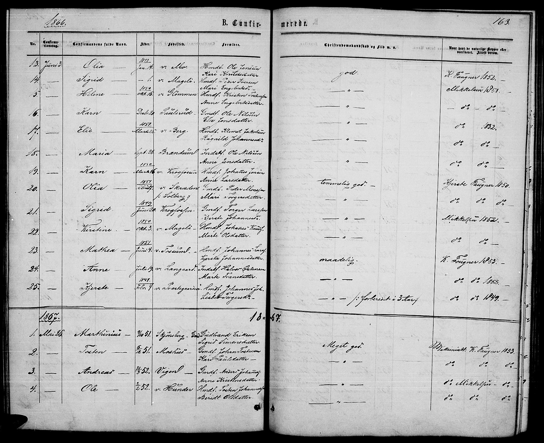 Øyer prestekontor, SAH/PREST-084/H/Ha/Hab/L0001: Parish register (copy) no. 1, 1863-1877, p. 163
