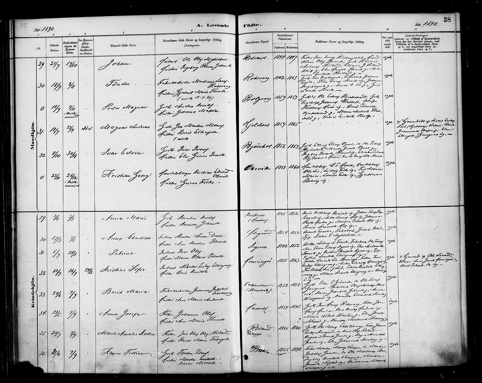 Ministerialprotokoller, klokkerbøker og fødselsregistre - Møre og Romsdal, AV/SAT-A-1454/569/L0819: Parish register (official) no. 569A05, 1885-1899, p. 38