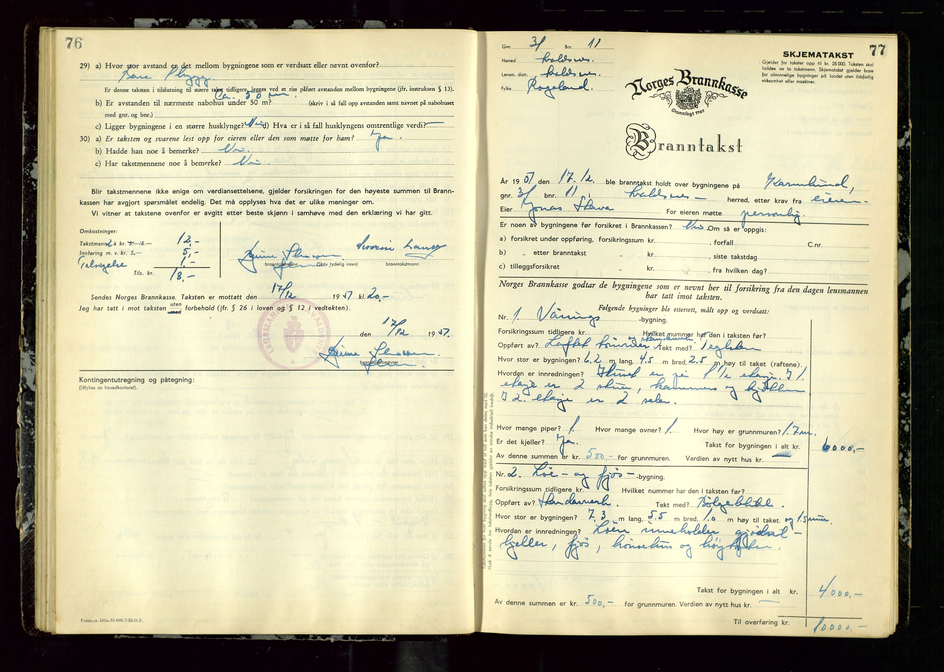 Avaldsnes lensmannskontor, AV/SAST-A-100286/Gob/L0003: "Branntakstprotokoll for Avaldsnes lensmannsdistrikt ", 1950-1952, p. 76-77