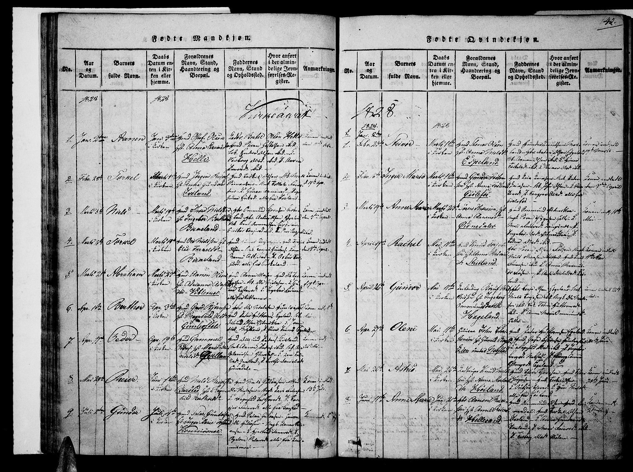 Nord-Audnedal sokneprestkontor, SAK/1111-0032/F/Fa/Faa/L0001: Parish register (official) no. A 1, 1815-1856, p. 42