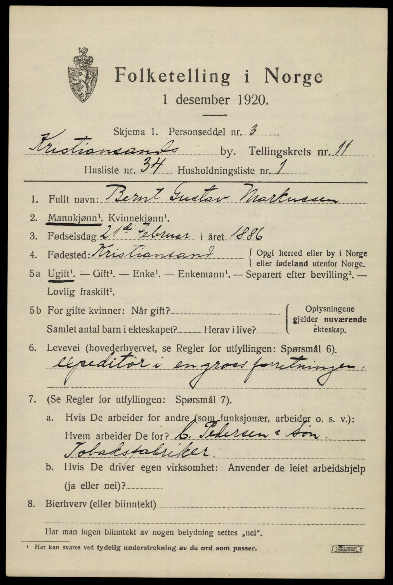 SAK, 1920 census for Kristiansand, 1920, p. 25301