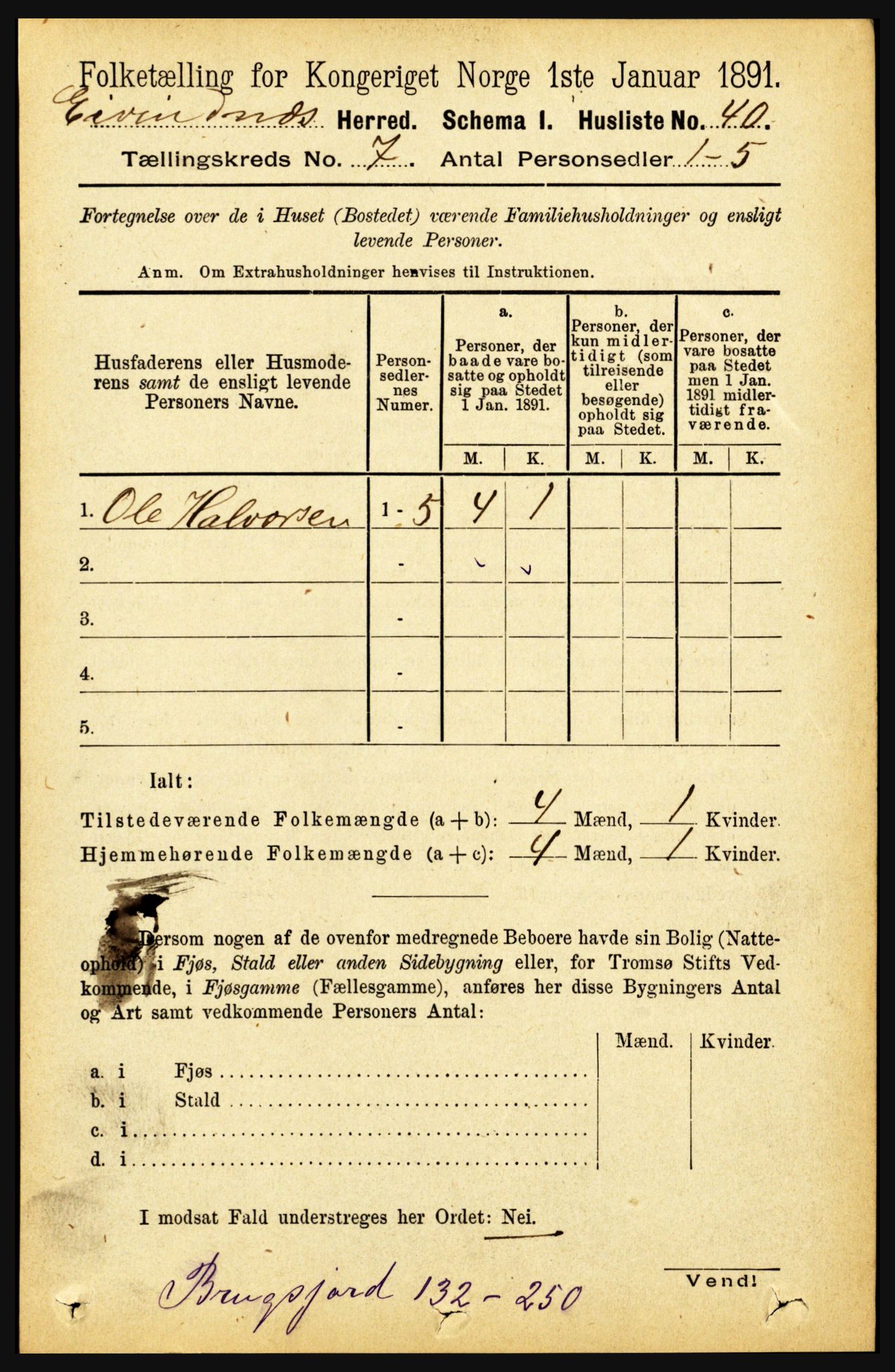 RA, 1891 census for 1853 Evenes, 1891, p. 2161