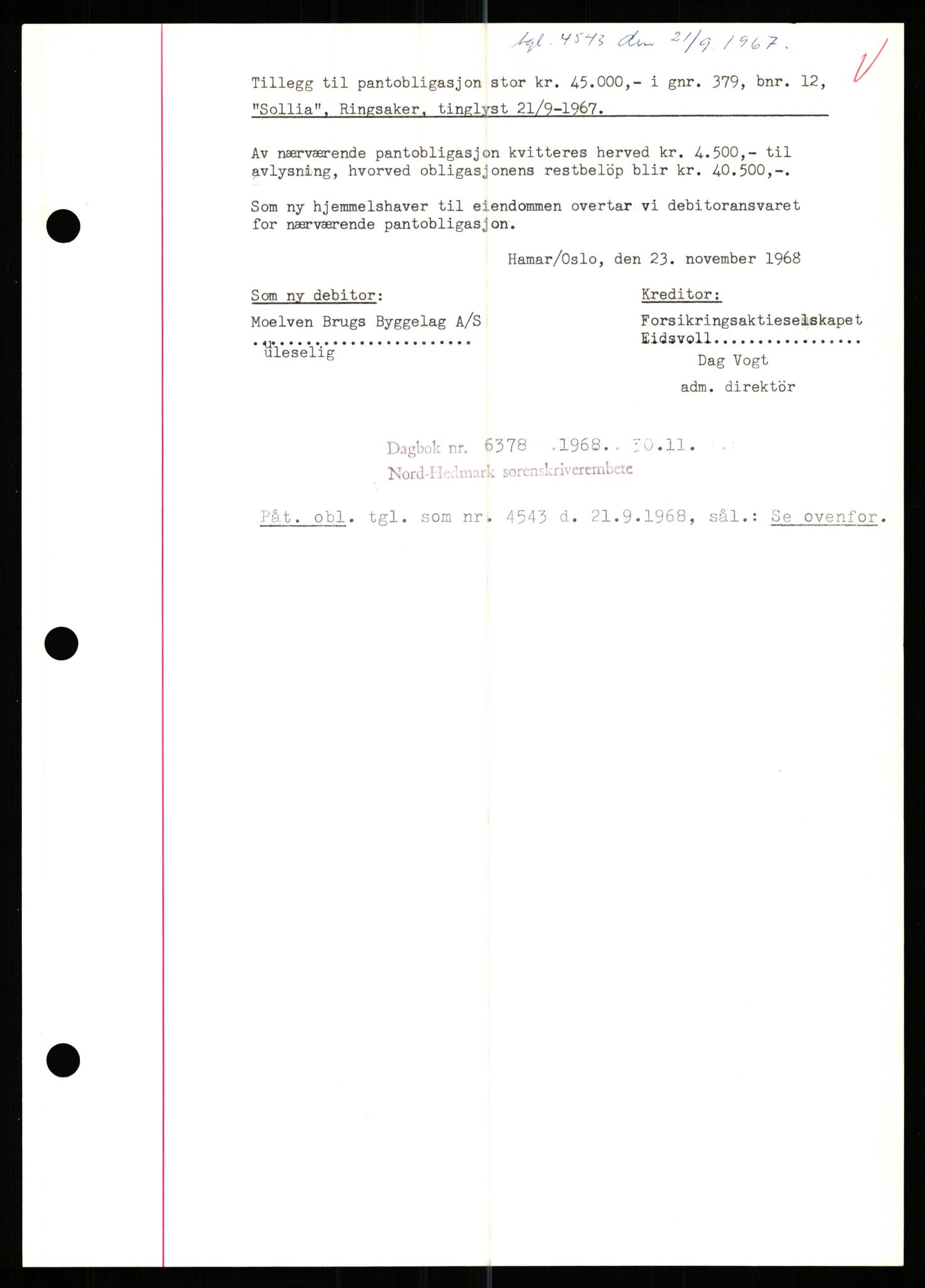 Nord-Hedmark sorenskriveri, SAH/TING-012/H/Hb/Hbf/L0077: Mortgage book no. B77, 1968-1969, Diary no: : 6378/1968