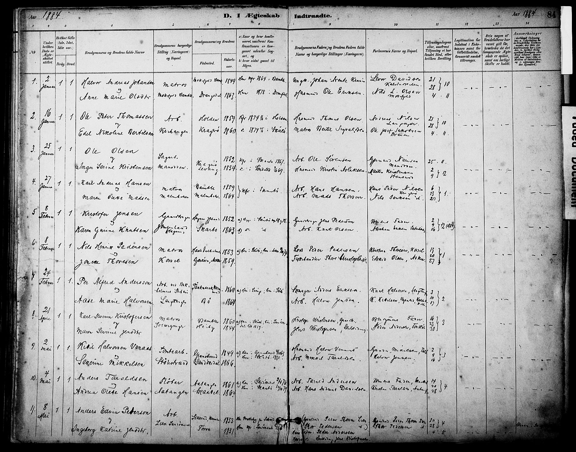 Skåtøy kirkebøker, AV/SAKO-A-304/F/Fa/L0003: Parish register (official) no. I 3, 1884-1899, p. 84