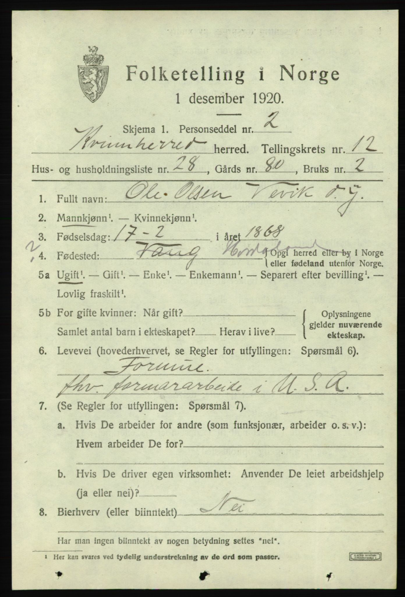 SAB, 1920 census for Kvinnherad, 1920, p. 7616