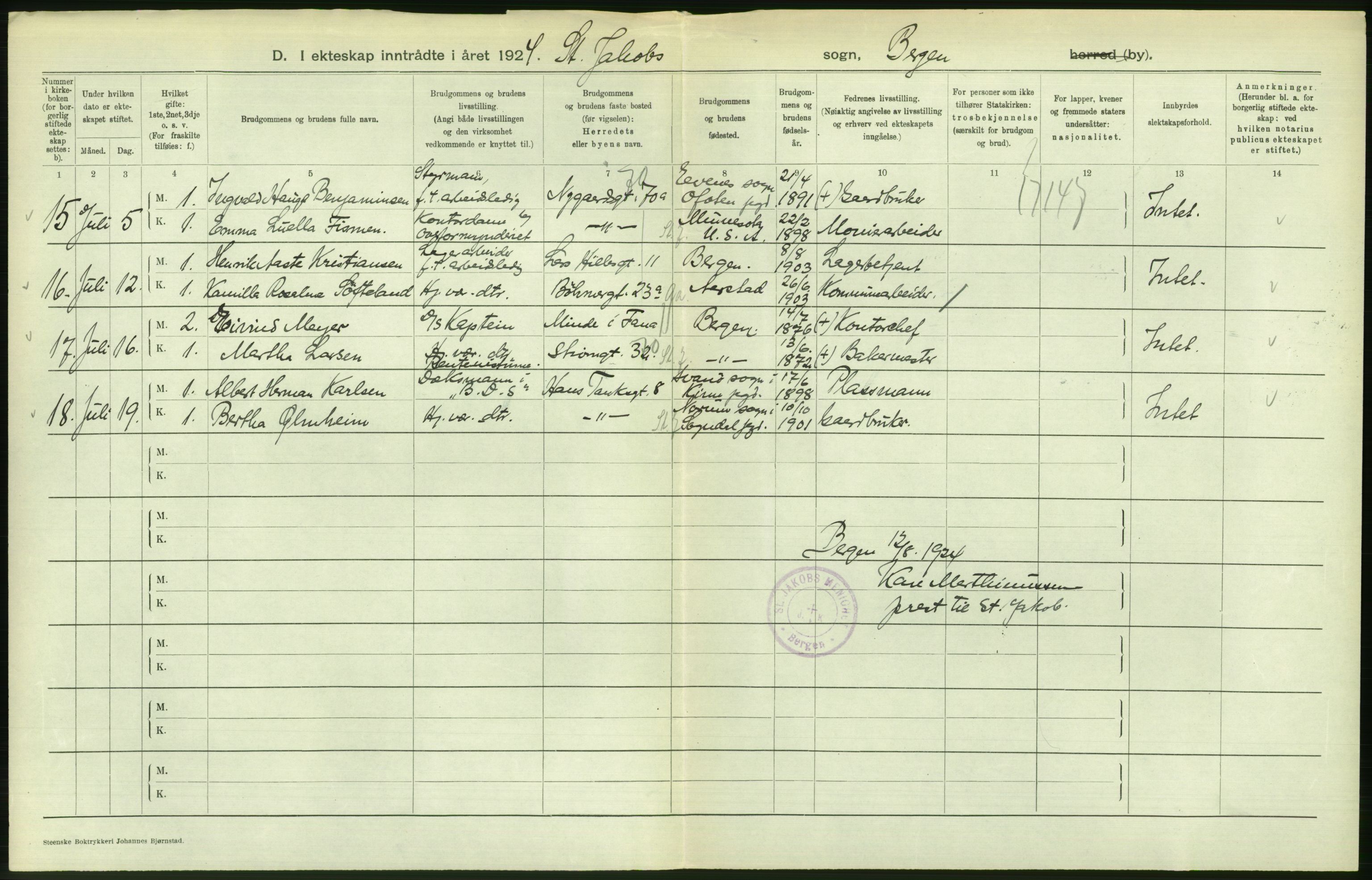 Statistisk sentralbyrå, Sosiodemografiske emner, Befolkning, AV/RA-S-2228/D/Df/Dfc/Dfcd/L0028: Bergen: Gifte, døde., 1924, p. 296