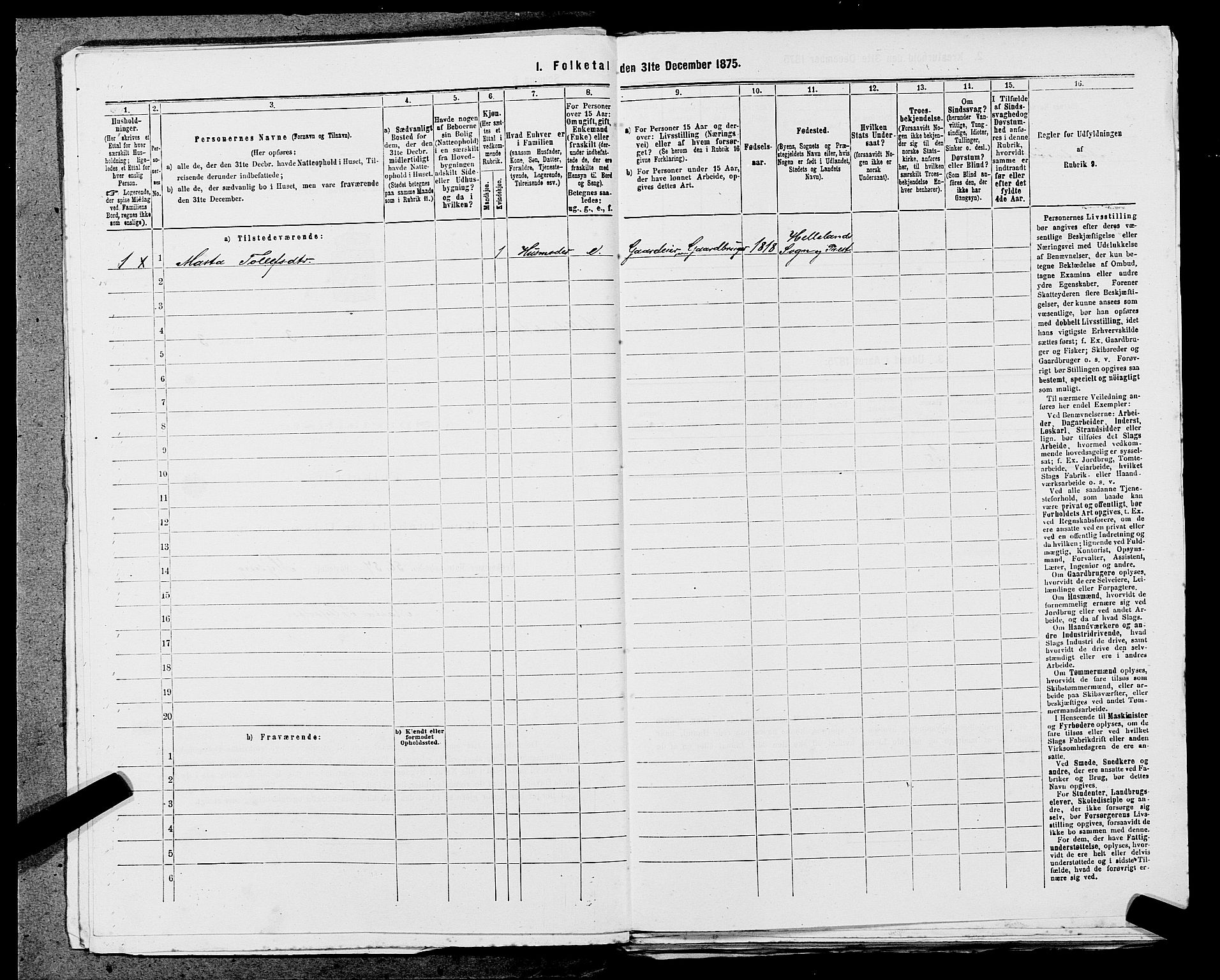 SAST, 1875 census for 1115P Helleland, 1875, p. 231